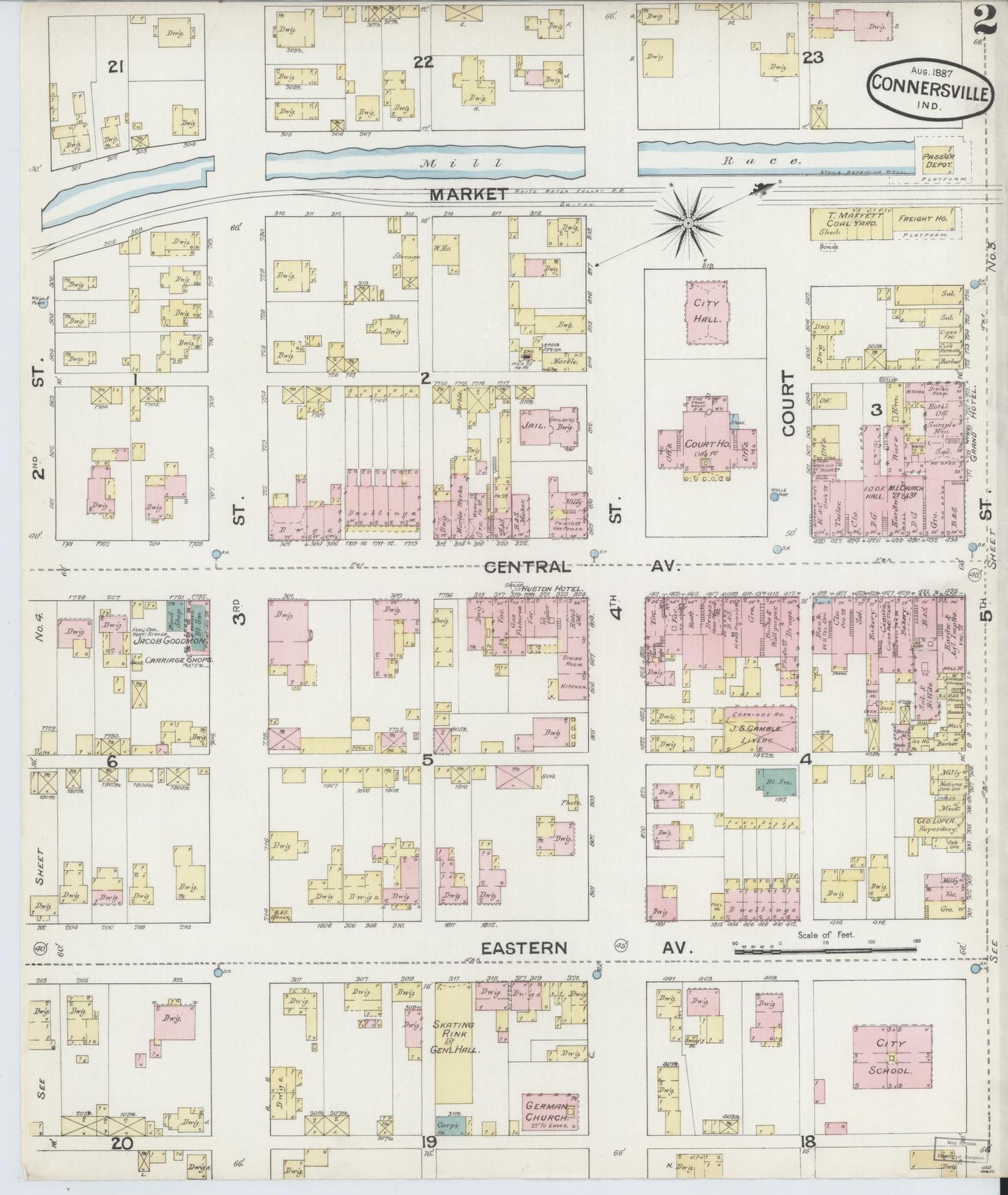 Sanborn Fire Insurance Map from Connersville, Fayette County, Indiana (1887), Sheet #0002 - Historic Sanborn Fire Insurance Map Print, vintage old map wall art, antique decor, genealogy gift, Indiana Indiana map