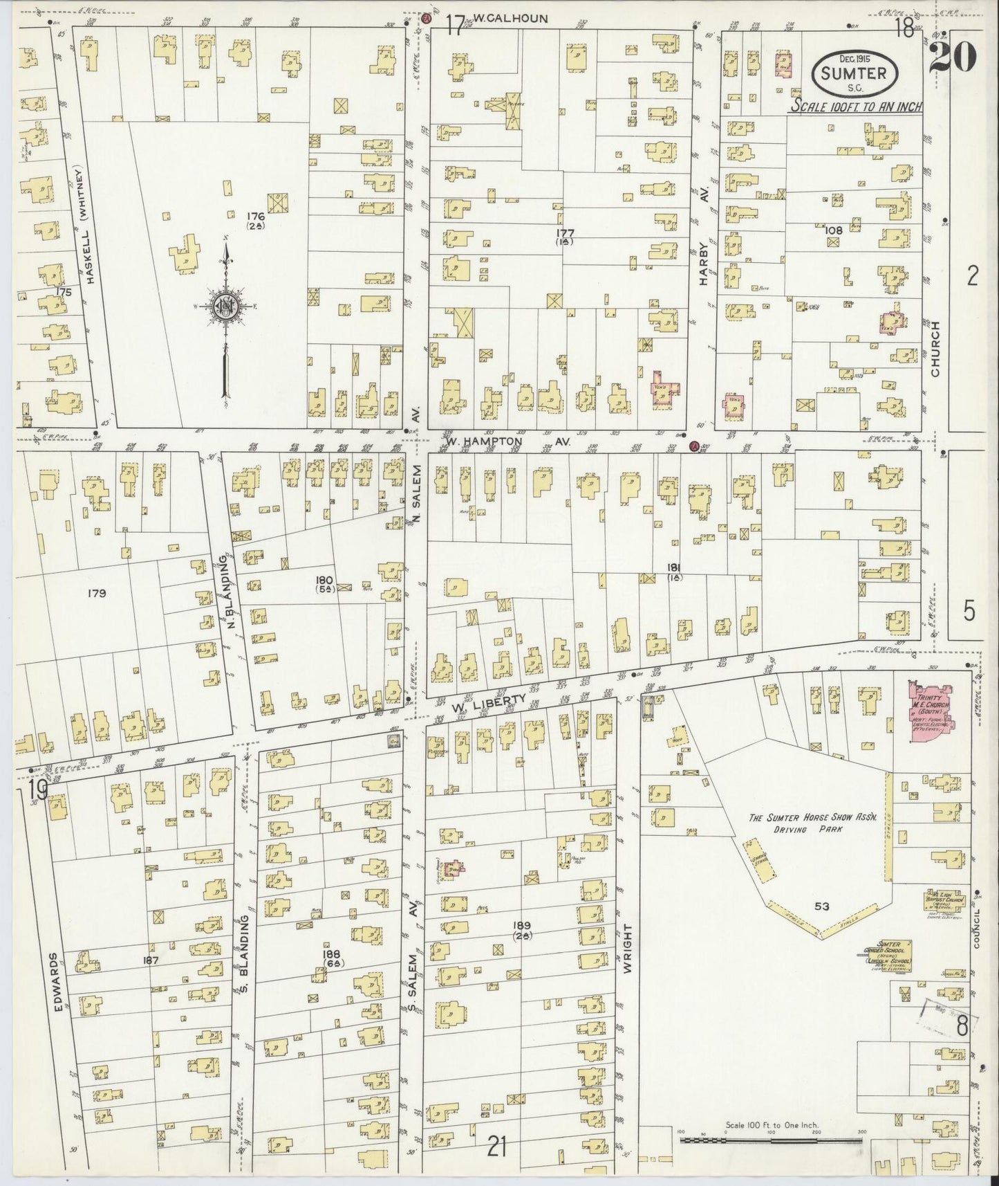 Sanborn Fire Insurance Map from Sumter, Sumter County, South Carolina (1915), Sheet #0020 - Historic Sanborn Fire Insurance Map Print, vintage old map wall art, antique decor, genealogy gift, South Carolina South Carolina map