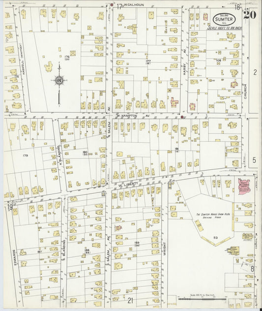 Sanborn Fire Insurance Map from Sumter, Sumter County, South Carolina (1915), Sheet #0020 - Historic Sanborn Fire Insurance Map Print, vintage old map wall art, antique decor, genealogy gift, South Carolina South Carolina map