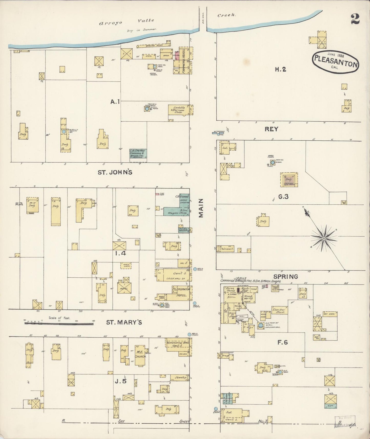 Sanborn Fire Insurance Map from Pleasanton, Alameda County, California (1888), Sheet #0002 - Complete Map Set gallery image, historic Sanborn map, vintage wall art, California California