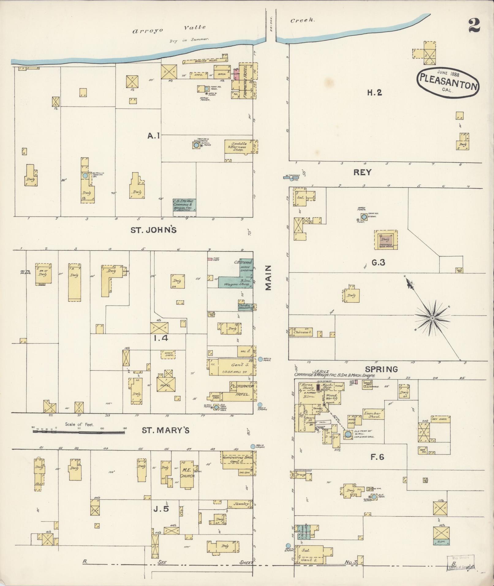 Sanborn Fire Insurance Map from Pleasanton, Alameda County, California (1888), Sheet #0002 - Complete Map Set gallery image, historic Sanborn map, vintage wall art, California California