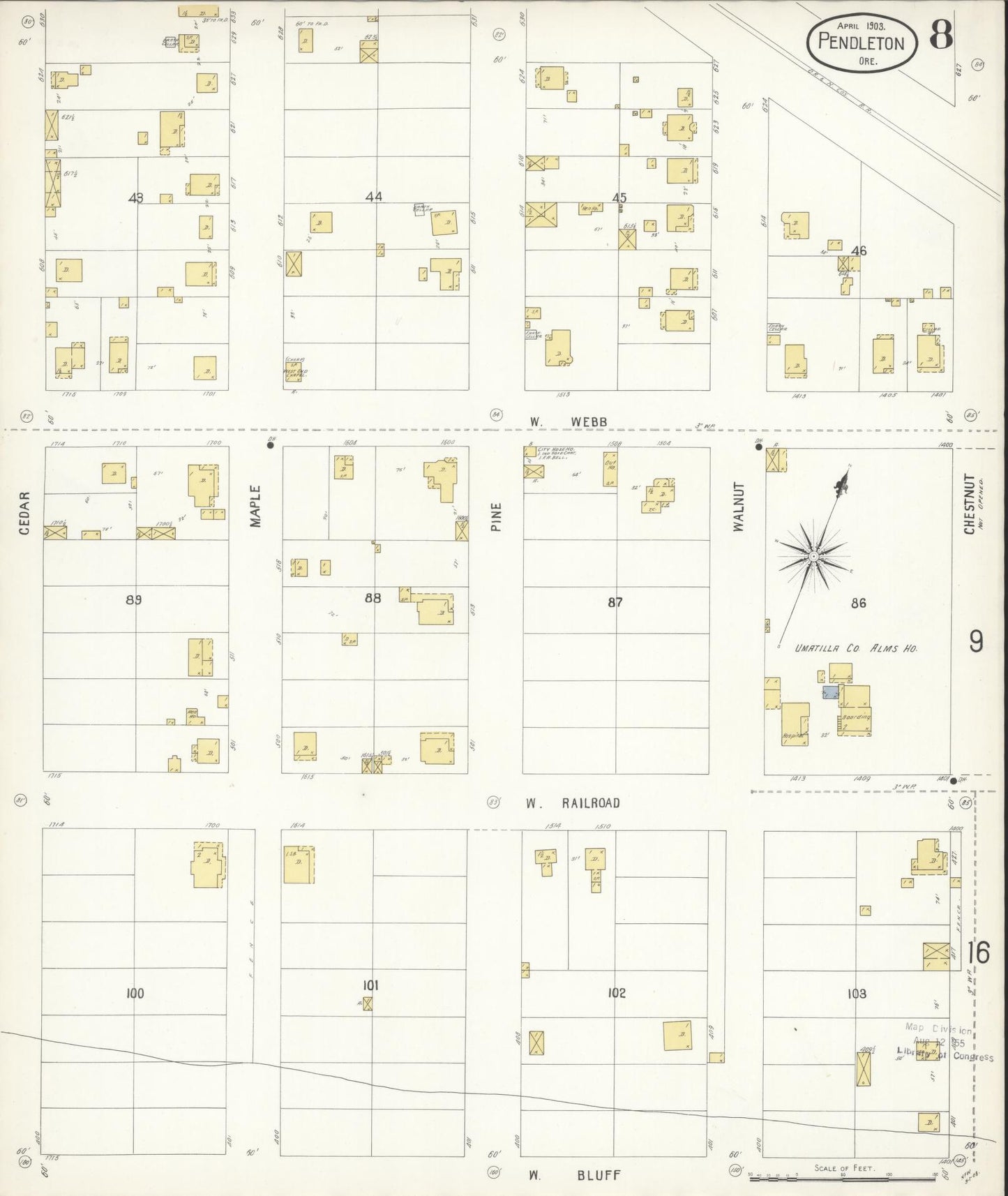 Sanborn Fire Insurance Map from Pendleton, Umatilla County, Oregon (1903), Sheet #0008 - Complete Map Set gallery image, historic Sanborn map, vintage wall art, Oregon Oregon