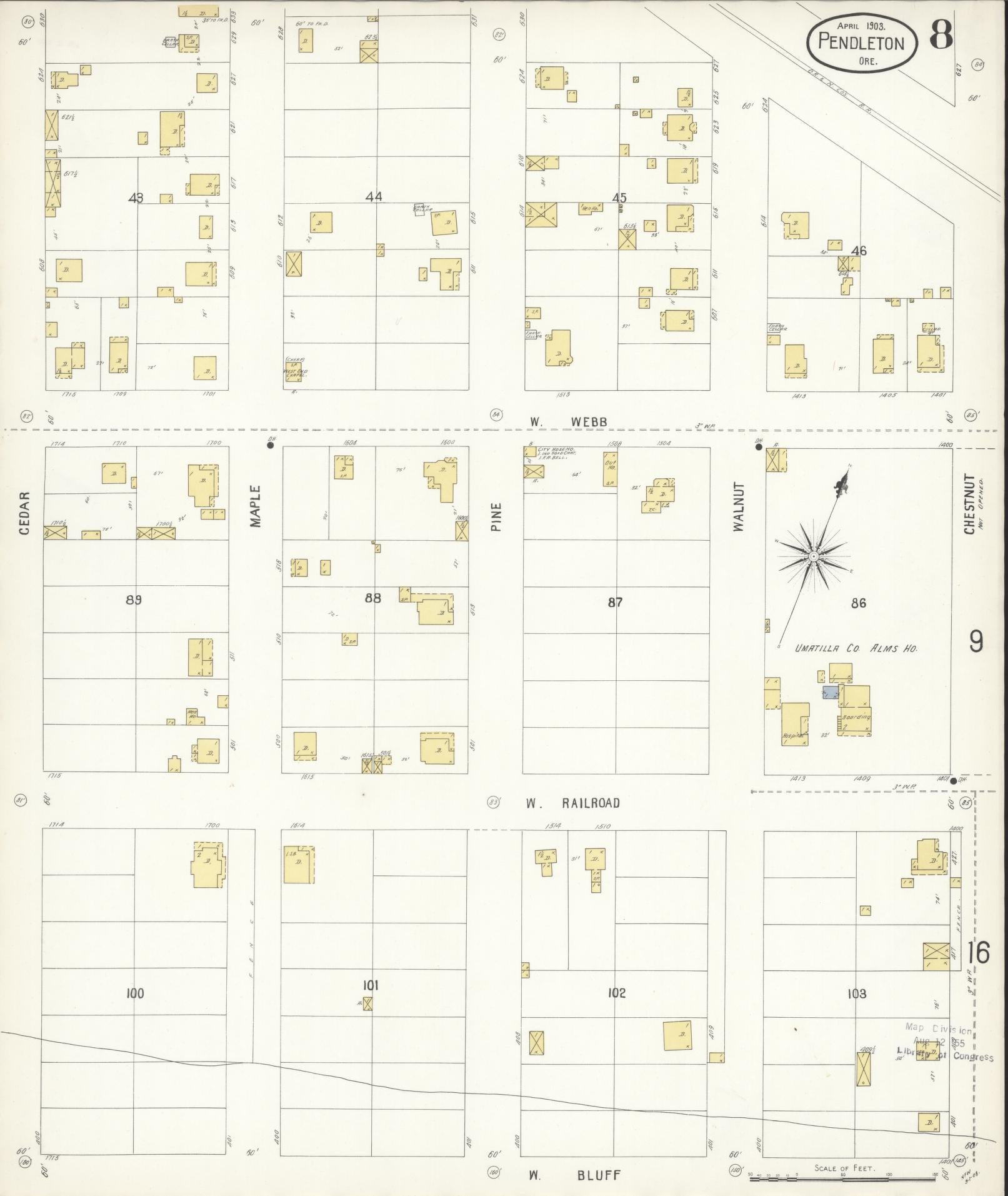 Sanborn Fire Insurance Map from Pendleton, Umatilla County, Oregon (1903), Sheet #0008 - Complete Map Set gallery image, historic Sanborn map, vintage wall art, Oregon Oregon