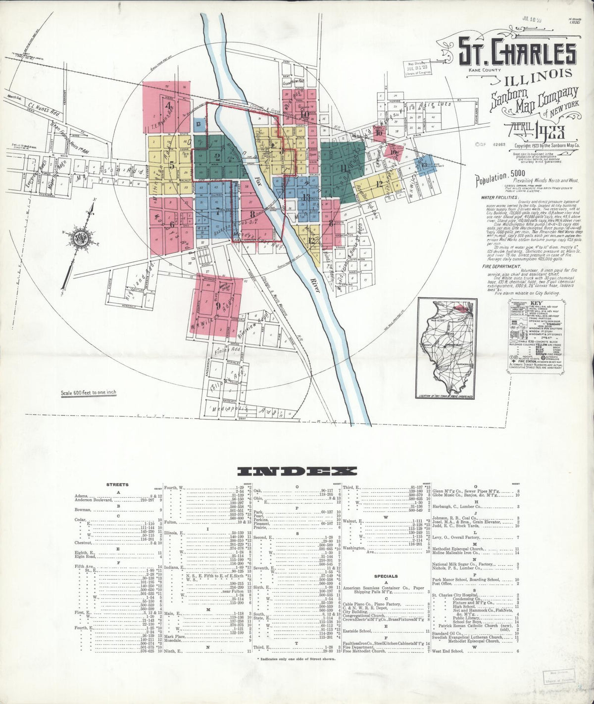 Sanborn Fire Insurance Map from Saint Charles, Kane County, Illinois (1923), Sheet #0001 - Historic Sanborn Fire Insurance Map Print, vintage old map wall art, antique decor, genealogy gift, Illinois Illinois map