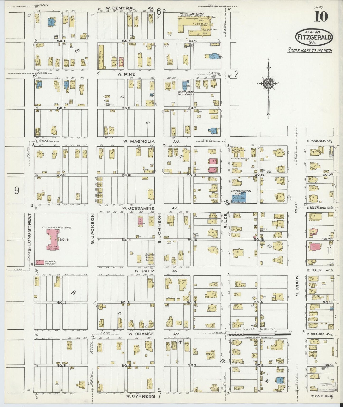 Sanborn Fire Insurance Map from Fitzgerald, Ben Hill County, Georgia (1921), Sheet #0010 - Complete Map Set gallery image, historic Sanborn map, vintage wall art, Georgia Georgia