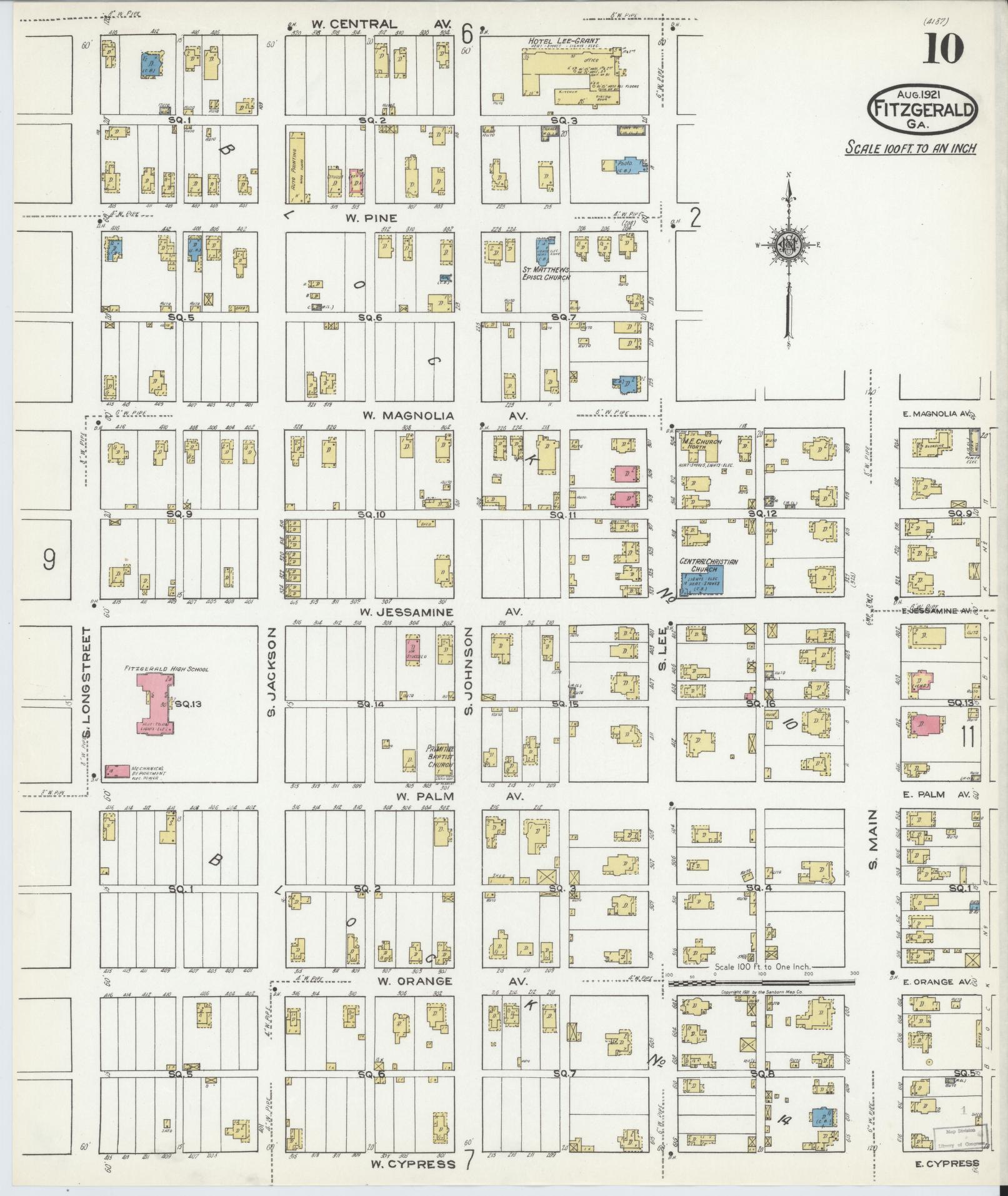 Sanborn Fire Insurance Map from Fitzgerald, Ben Hill County, Georgia (1921), Sheet #0010 - Complete Map Set gallery image, historic Sanborn map, vintage wall art, Georgia Georgia