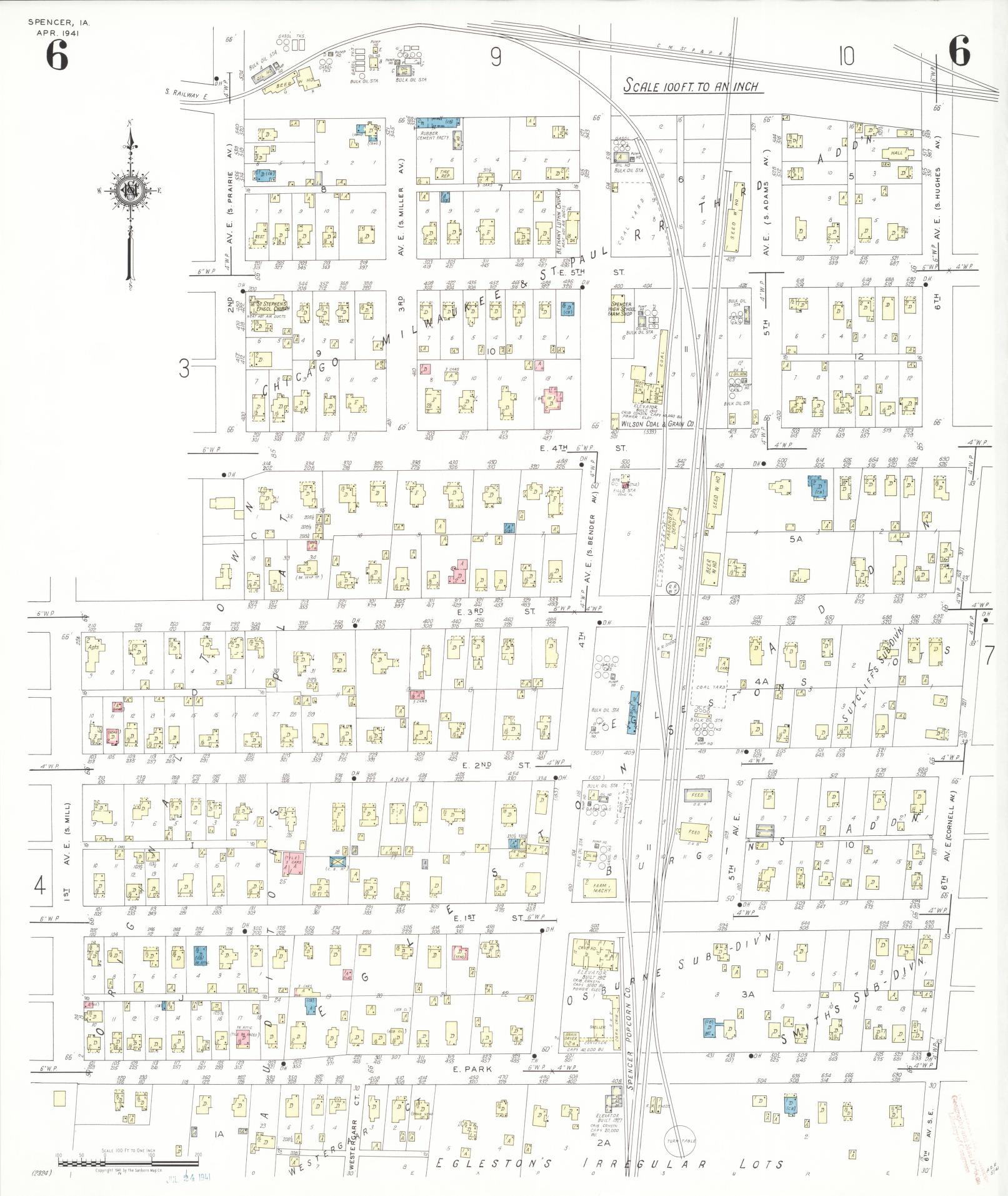 Sanborn Fire Insurance Map from Spencer, Clay County, Iowa (1941), Sheet #0006 - Historic Sanborn Fire Insurance Map Print, vintage old map wall art