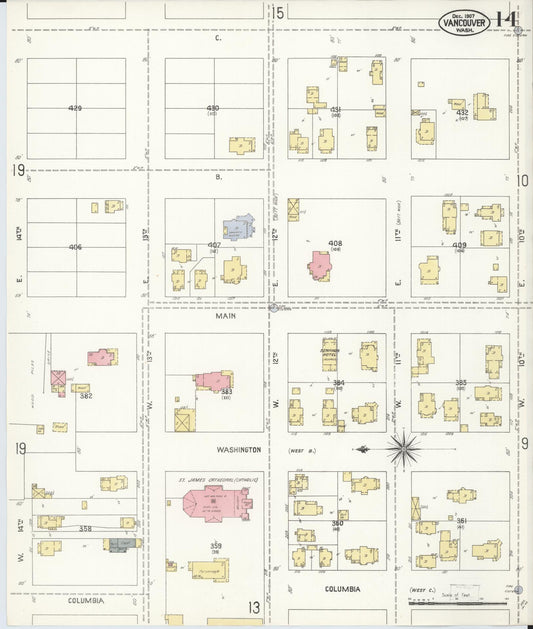 Sanborn Fire Insurance Map from Vancouver, Clark County, Washington (1907), Sheet #0014 - Historic Sanborn Fire Insurance Map Print, vintage old map wall art, antique decor, genealogy gift, Washington Washington map