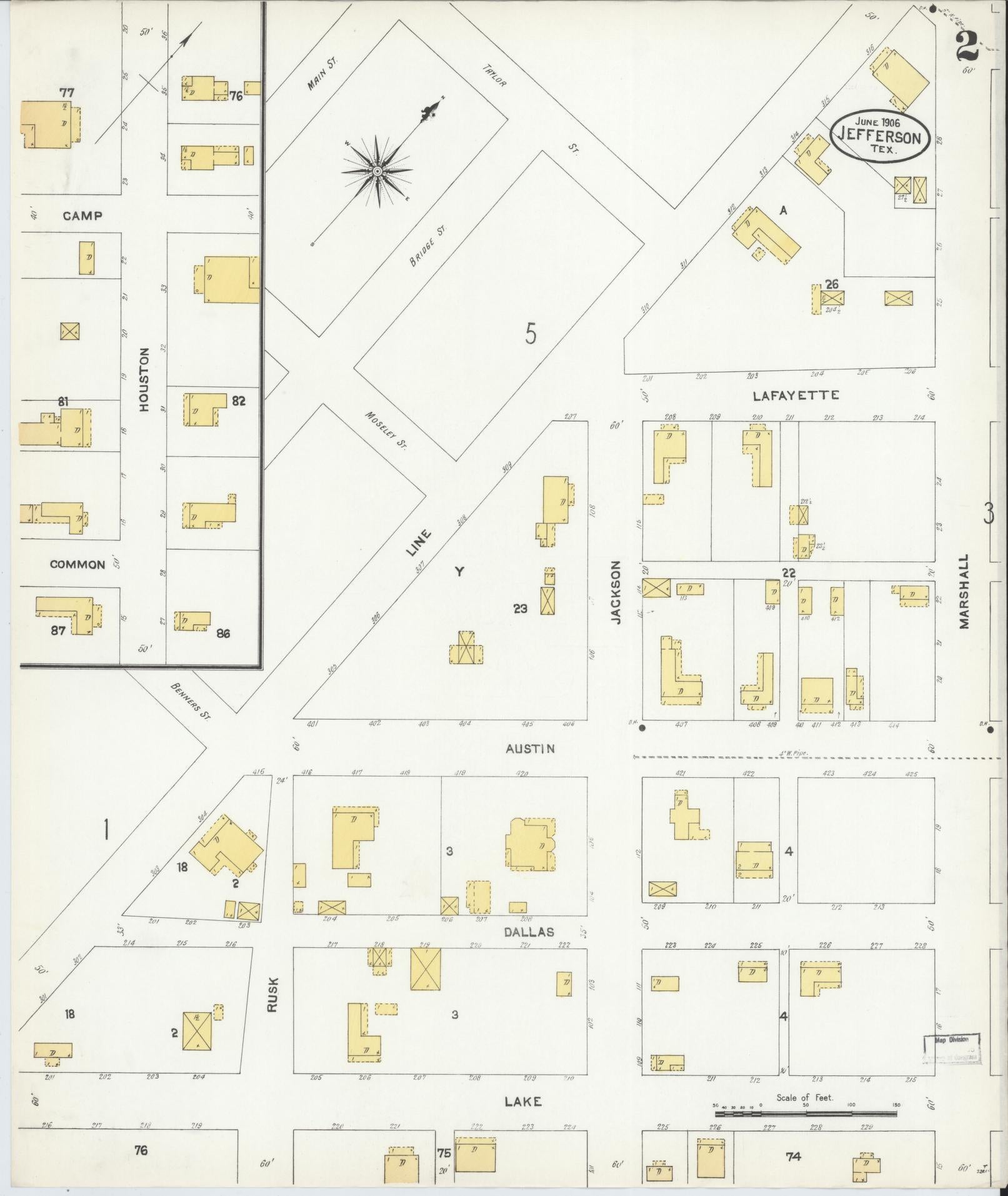 Sanborn Fire Insurance Map from Jefferson, Marion County, Texas (1906), Sheet #0002 - Historic Sanborn Fire Insurance Map Print, vintage old map wall art, antique decor, genealogy gift, Texas Texas map