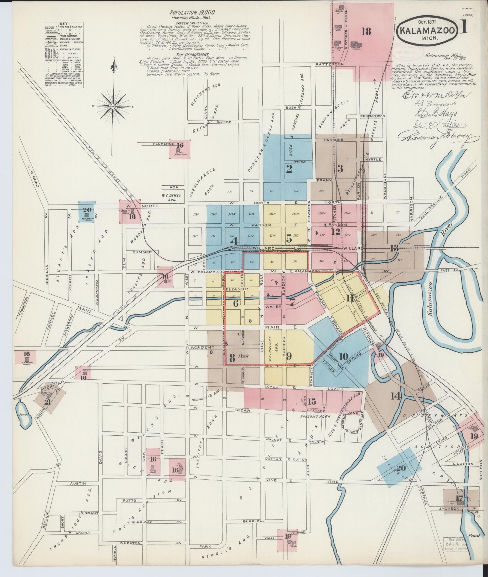 Sanborn Fire Insurance Map from Kalamazoo, Kalamazoo County, Michigan (1891), Sheet #0001 - Complete Map Set gallery image, historic Sanborn map, vintage wall art, Michigan Michigan