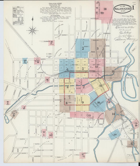 Sanborn Fire Insurance Map from Kalamazoo, Kalamazoo County, Michigan (1891), Sheet #0001 - Complete Map Set gallery image, historic Sanborn map, vintage wall art, Michigan Michigan