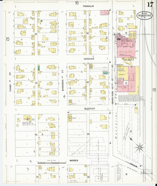 Sanborn Fire Insurance Map from Muscatine, Muscatine County, Iowa (1899), Sheet #0017 - Historic Sanborn Fire Insurance Map Print, vintage old map wall art