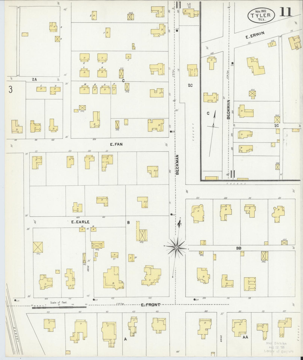 Sanborn Fire Insurance Map from Tyler, Smith County, Texas (1902), Sheet #0011 - Complete Map Set gallery image, historic Sanborn map, vintage wall art, Texas Texas