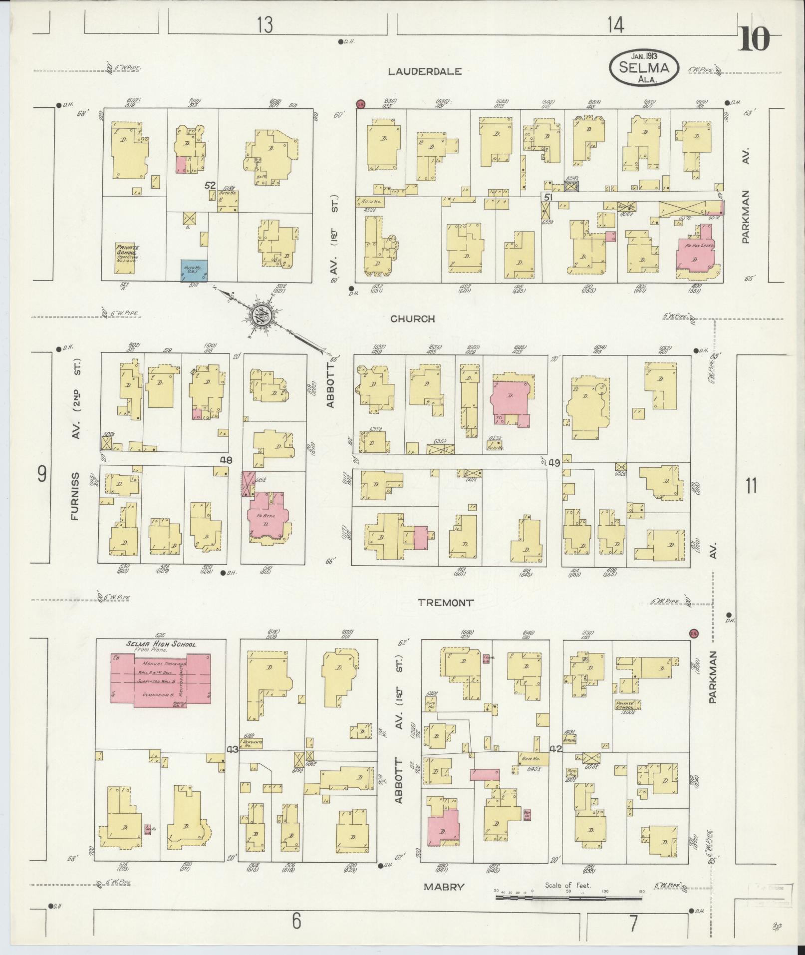 Sanborn Fire Insurance Map from Selma, Dallas County, Alabama (1913), Sheet #0010 - Historic Sanborn Fire Insurance Map Print, vintage old map wall art, antique decor, genealogy gift, Alabama Alabama map