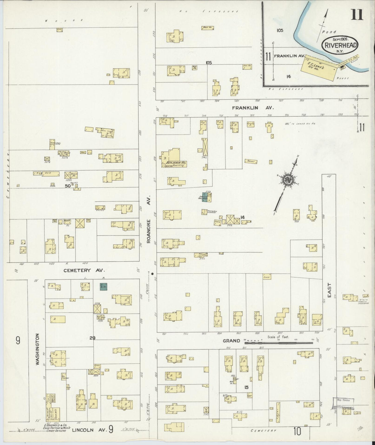 Sanborn Fire Insurance Map from Riverhead, Suffolk County, New York (1909), Sheet #0011 - Historic Sanborn Fire Insurance Map Print, vintage old map wall art, antique decor, genealogy gift, New York New York map