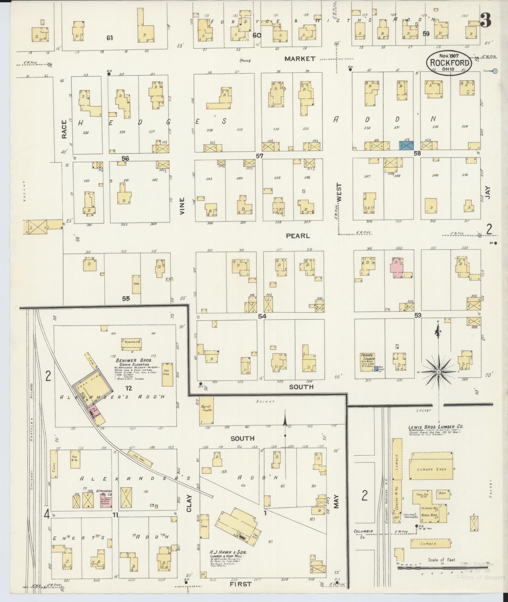 Sanborn Fire Insurance Map from Rockford, Mercer County, Ohio (1907), Sheet #0003 - Historic Sanborn Fire Insurance Map Print, vintage old map wall art, antique decor, genealogy gift, Ohio Ohio map