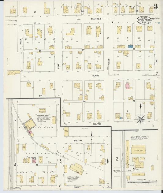 Sanborn Fire Insurance Map from Rockford, Mercer County, Ohio (1907), Sheet #0003 - Historic Sanborn Fire Insurance Map Print, vintage old map wall art, antique decor, genealogy gift, Ohio Ohio map
