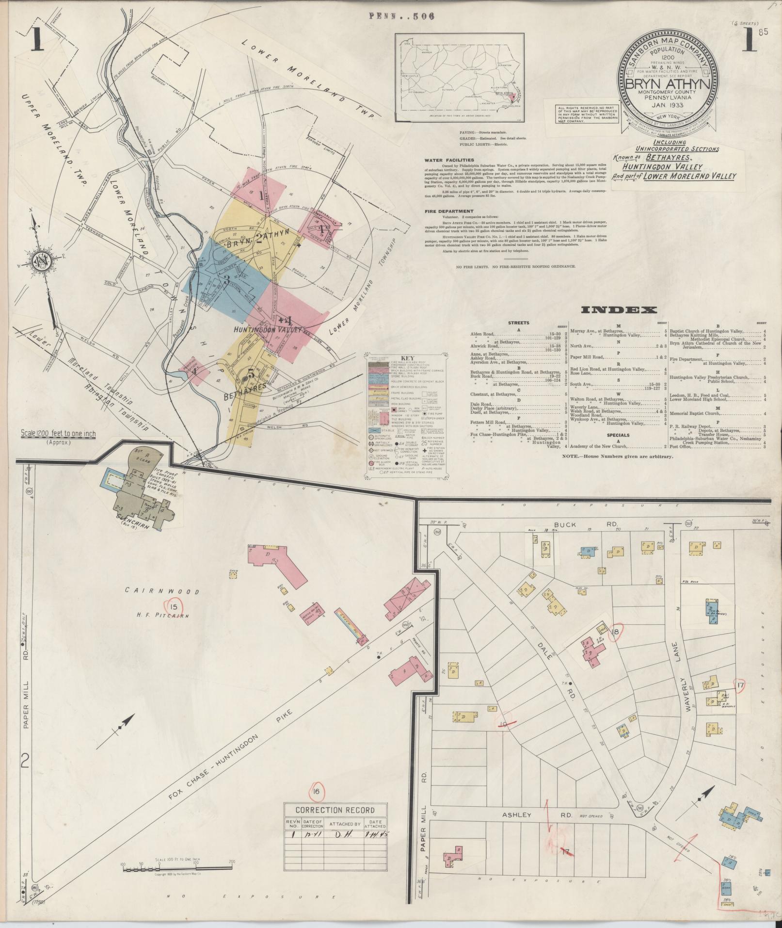 Sanborn Fire Insurance Map from Bryn Athyn, Montgomery County, Pennsylvania (1941), Sheet #0001 - Historic Sanborn Fire Insurance Map Print, vintage old map wall art, antique decor, genealogy gift, Pennsylvania Pennsylvania map