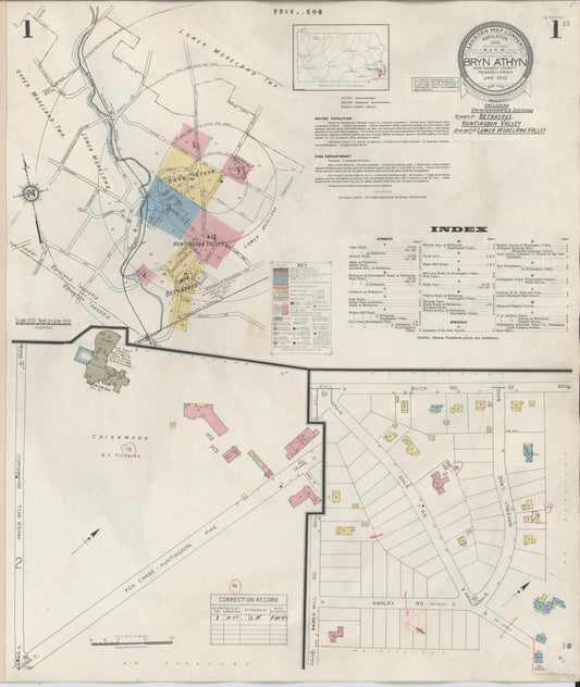 Sanborn Fire Insurance Map from Bryn Athyn, Montgomery County, Pennsylvania (1941), Sheet #0001 - Historic Sanborn Fire Insurance Map Print, vintage old map wall art, antique decor, genealogy gift, Pennsylvania Pennsylvania map