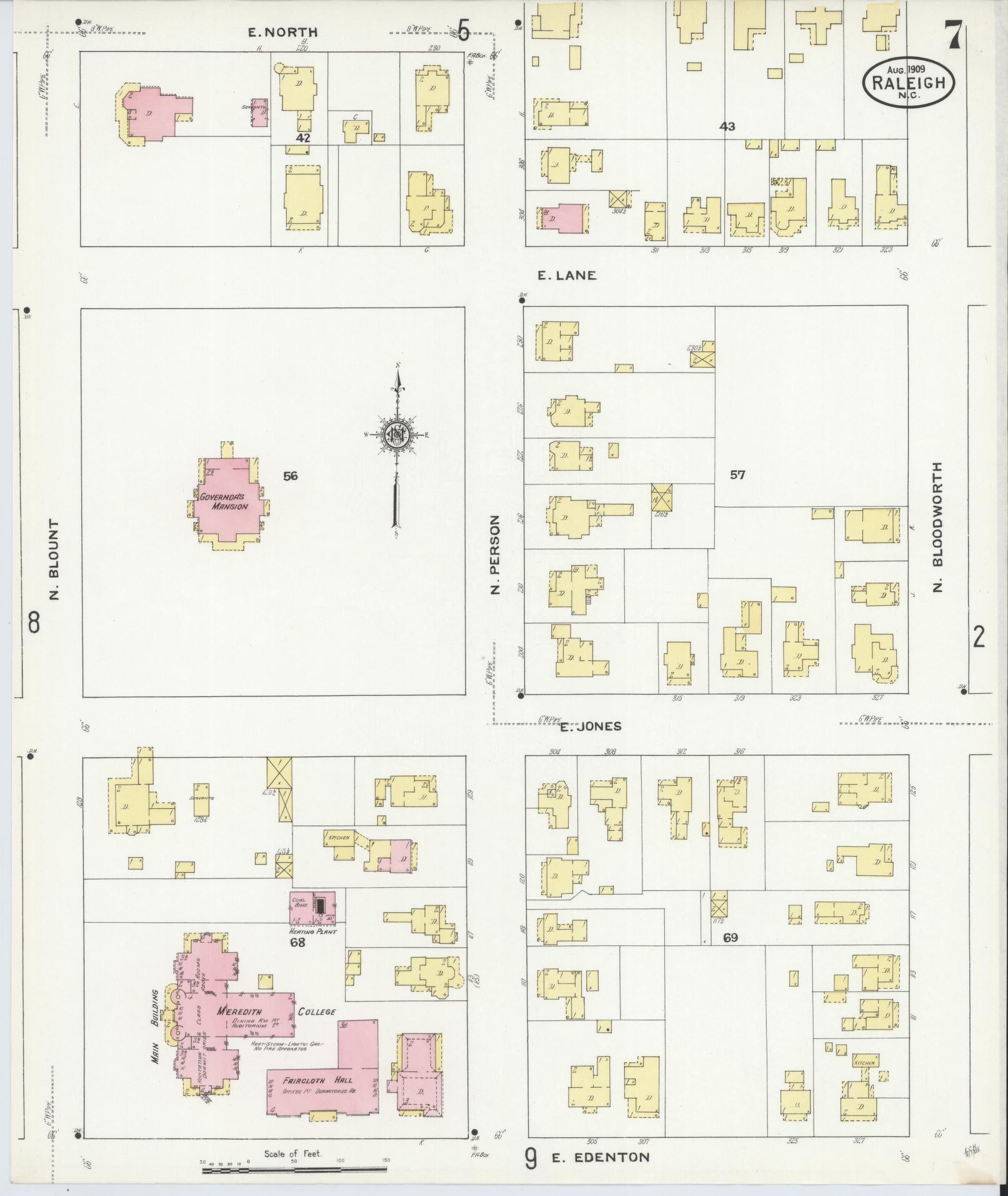 Sanborn Fire Insurance Map from Raleigh, Wake County, North Carolina (1909), Sheet #0007 - Complete Map Set gallery image, historic Sanborn map, vintage wall art, North Carolina North Carolina