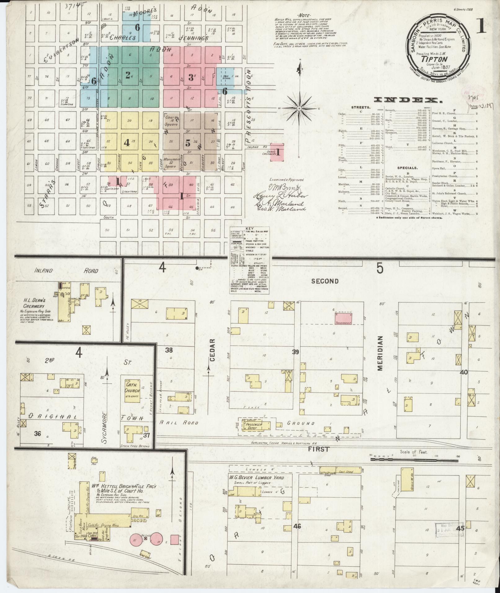 Sanborn Fire Insurance Map from Tipton, Cedar County, Iowa (1897), Sheet #0001 - Historic Sanborn Fire Insurance Map Print, vintage old map wall art