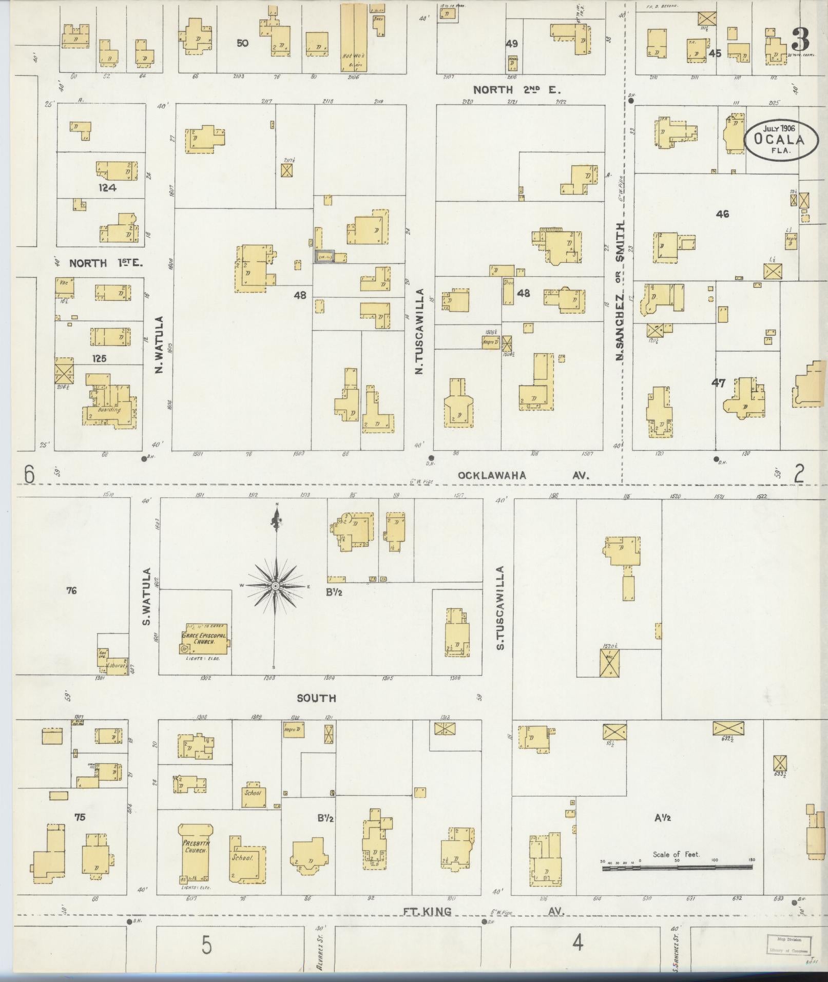 Sanborn Fire Insurance Map from Ocala, Marion County, Florida (1906), Sheet #0003 - Complete Map Set gallery image, historic Sanborn map, vintage wall art, Florida Florida