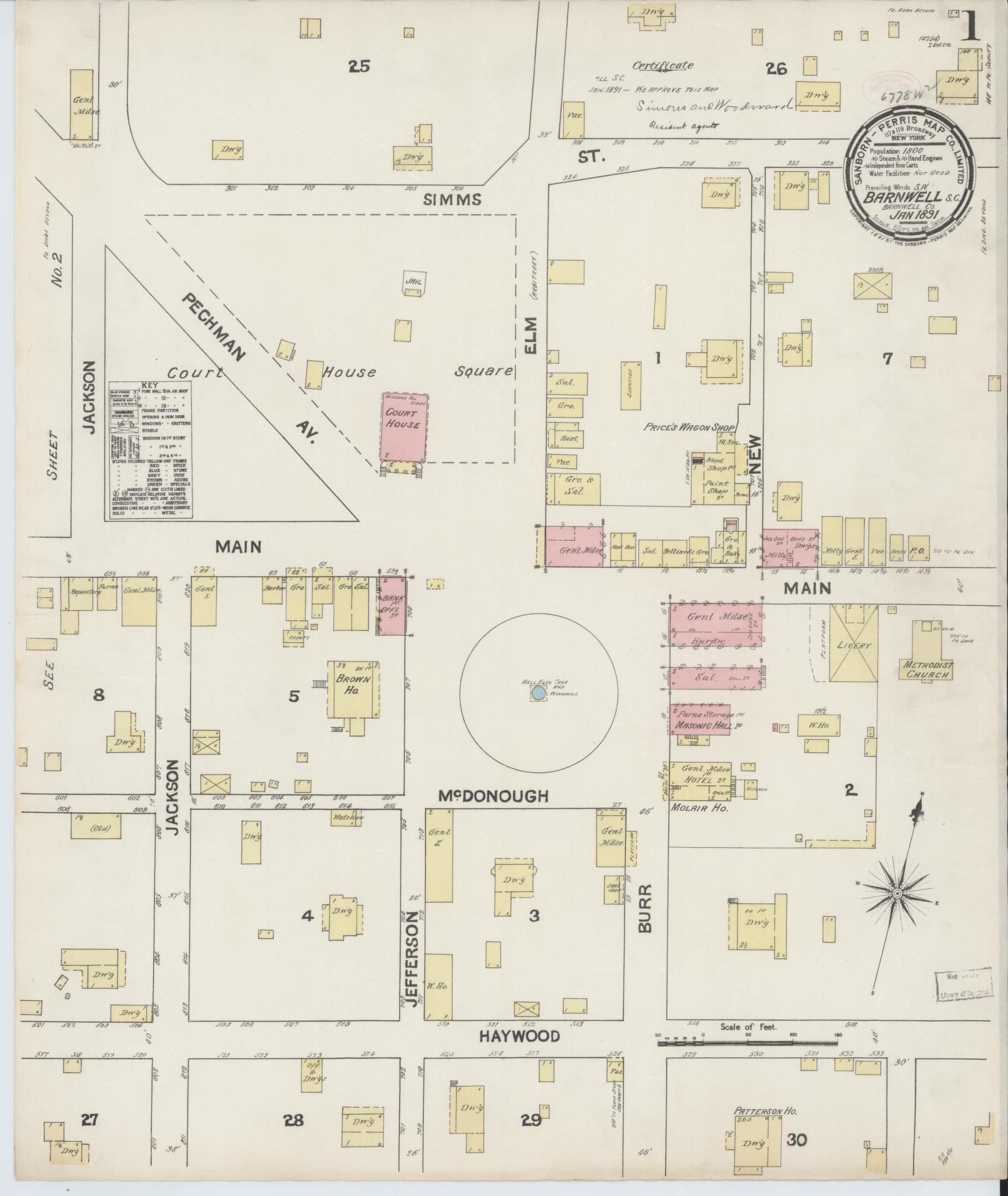 Sanborn Fire Insurance Map from Barnwell, Barnwell County, South Carolina (1891), Sheet #0001 - Complete Map Set gallery image, historic Sanborn map, vintage wall art, South Carolina South Carolina