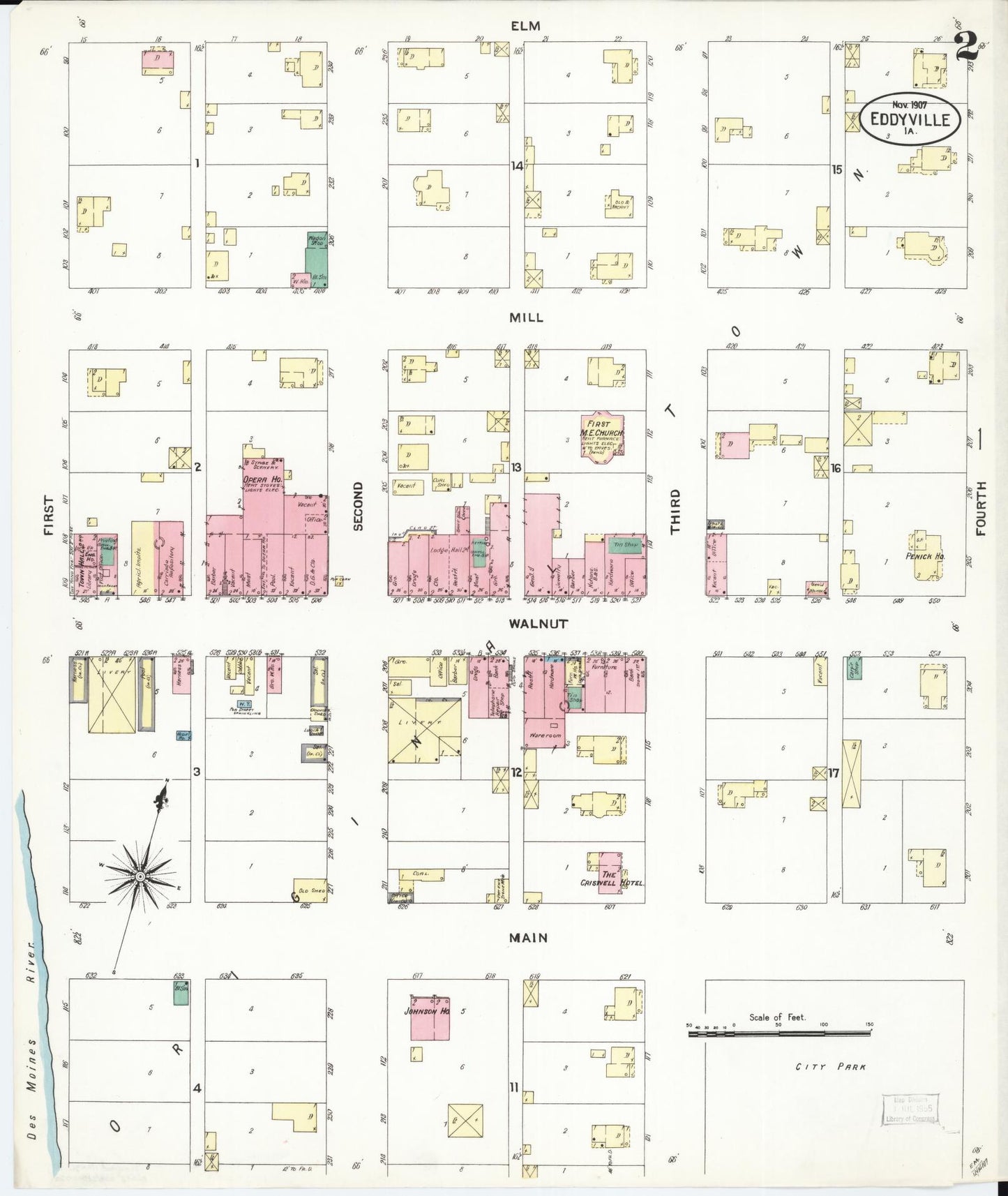 Sanborn Fire Insurance Map from Eddyville, Wapello County, Iowa (1907), Sheet #0002 - Historic Sanborn Fire Insurance Map Print, vintage old map wall art