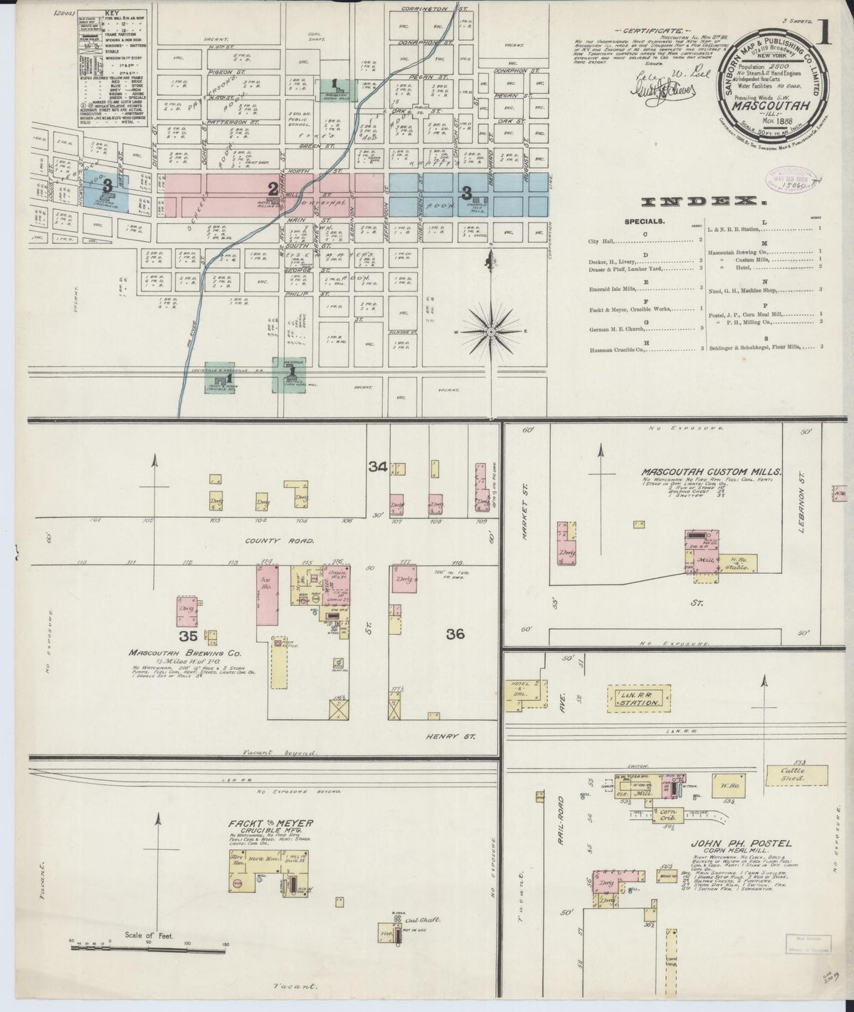Sanborn Fire Insurance Map from Mascoutah, Saint Clair County, Illinois (1888), Sheet #0001 - Complete Map Set gallery image, historic Sanborn map, vintage wall art, Illinois Illinois