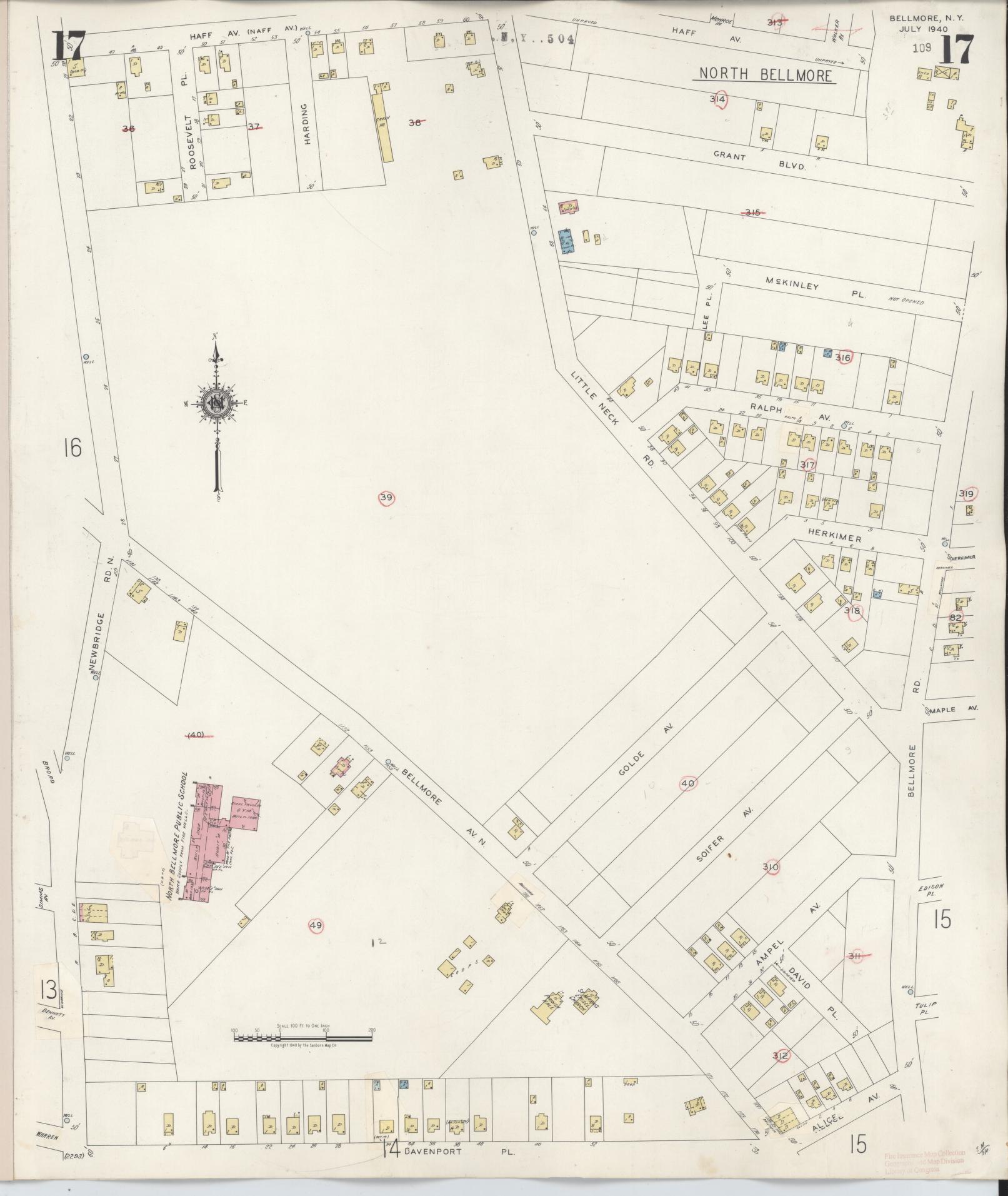 Sanborn Fire Insurance Map from Bellmore, Nassau County, New York (1945), Sheet #0017 - Historic Sanborn Fire Insurance Map Print, vintage old map wall art, antique decor, genealogy gift, New York New York map