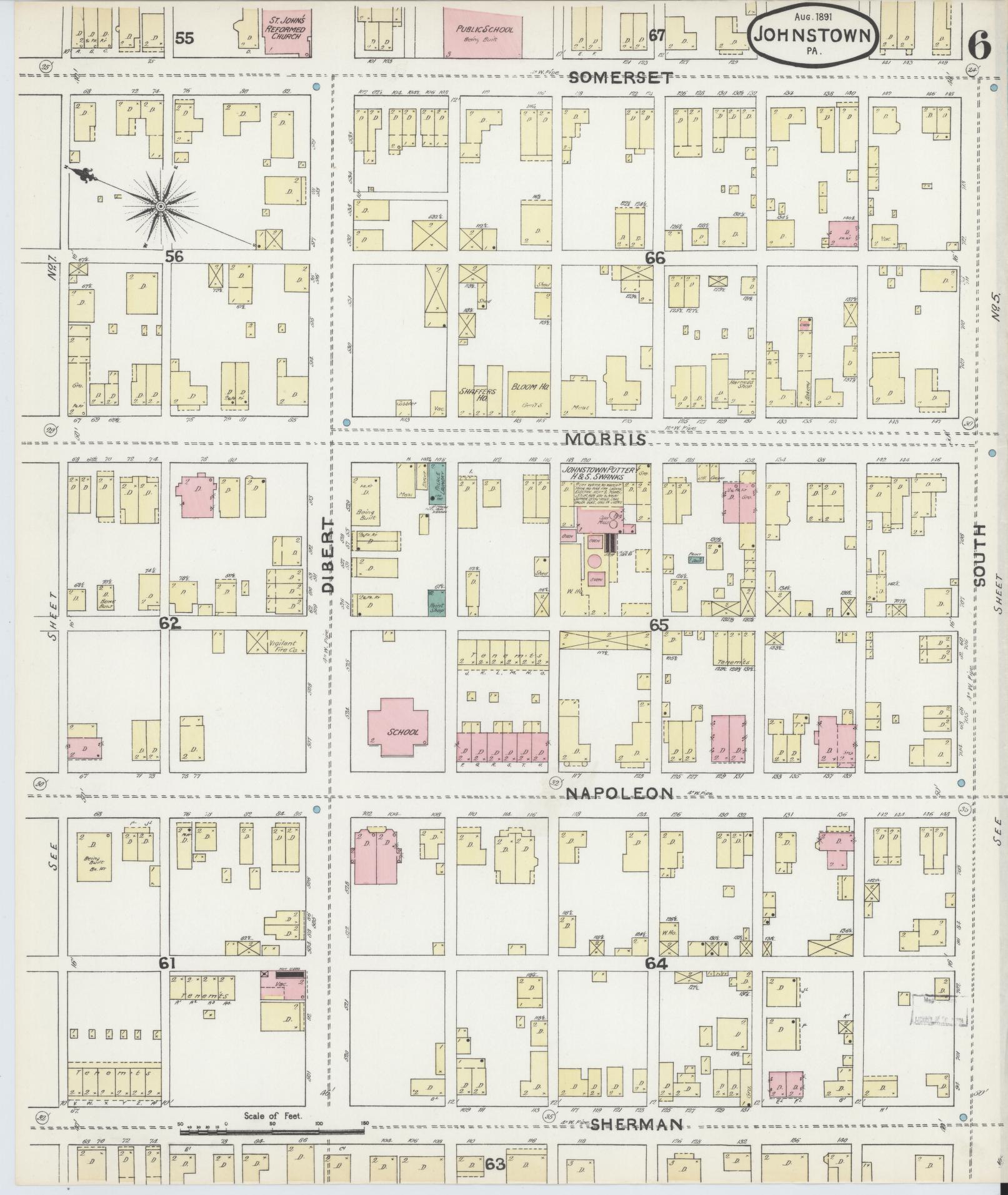 Sanborn Fire Insurance Map from Johnstown, Cambria County, Pennsylvania (1891), Sheet #0006 - Historic Sanborn Fire Insurance Map Print, vintage old map wall art, antique decor, genealogy gift, Pennsylvania Pennsylvania map