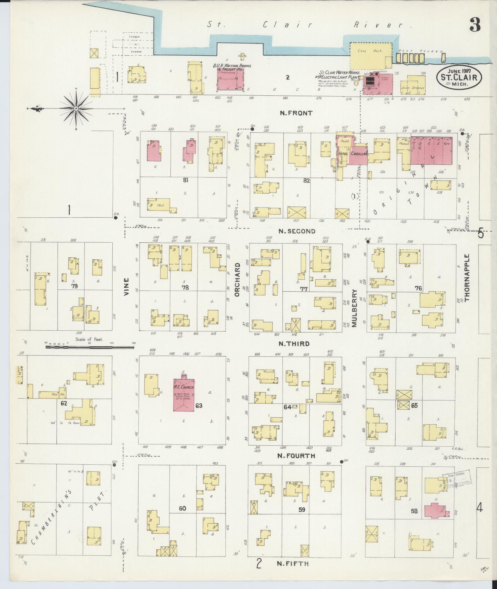 Sanborn Fire Insurance Map from Saint Clair, Saint Clair County, Michigan (1907), Sheet #0003 - Complete Map Set gallery image, historic Sanborn map, vintage wall art, Michigan Michigan