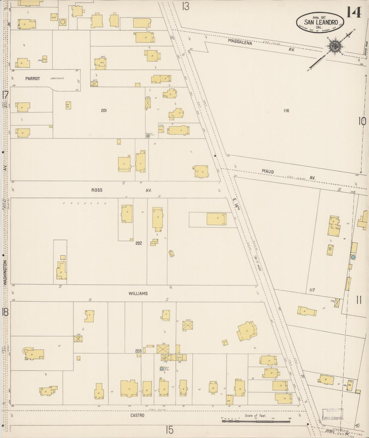 Sanborn Fire Insurance Map from San Leandro, Alameda County, California (1917), Sheet #0014 - Complete Map Set gallery image, historic Sanborn map, vintage wall art, California California
