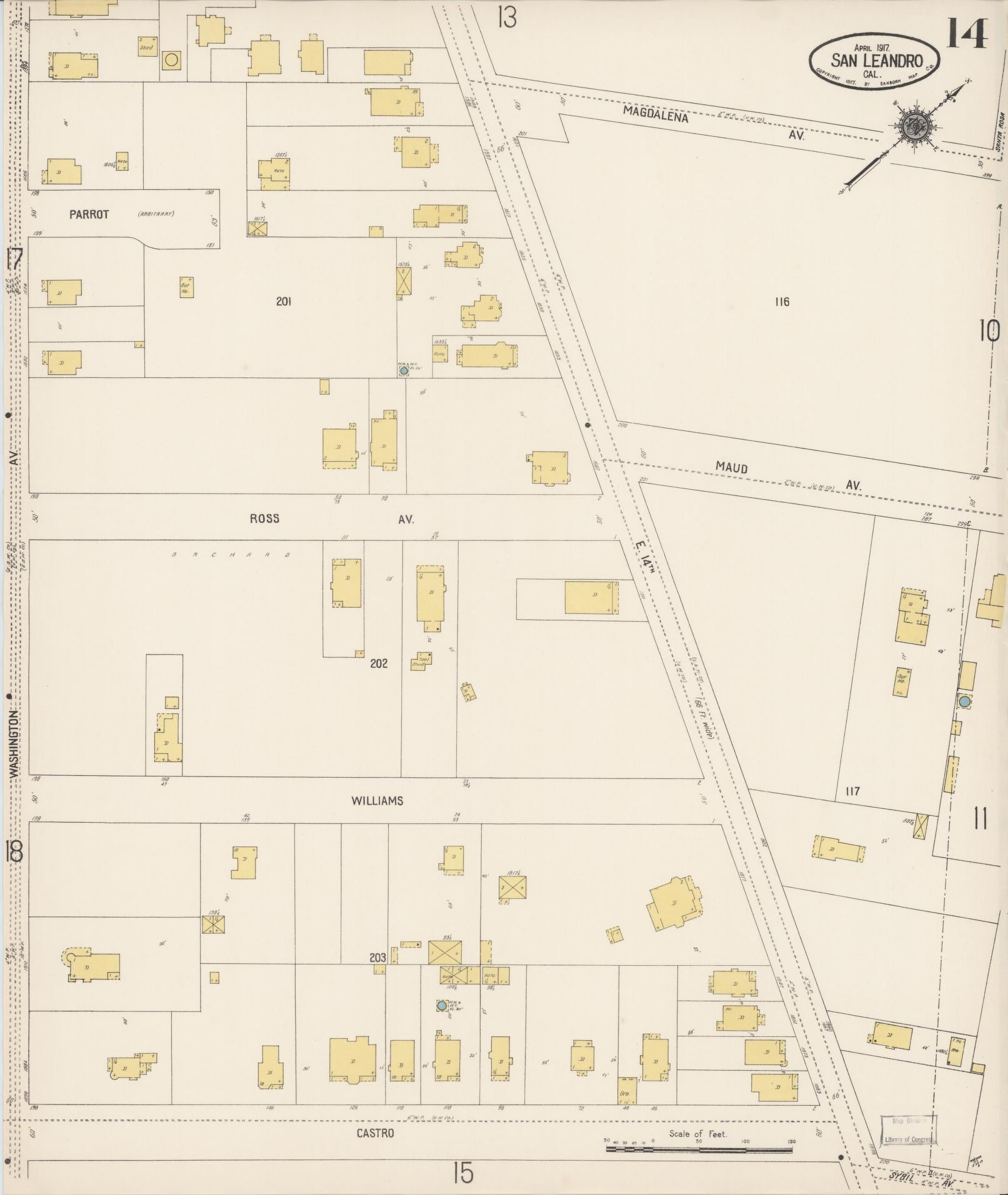 Sanborn Fire Insurance Map from San Leandro, Alameda County, California (1917), Sheet #0014 - Complete Map Set gallery image, historic Sanborn map, vintage wall art, California California