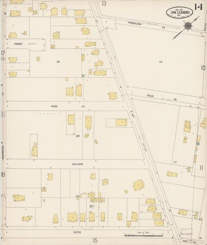 Sanborn Fire Insurance Map from San Leandro, Alameda County, California (1917), Sheet #0014 - Complete Map Set gallery image, historic Sanborn map, vintage wall art, California California