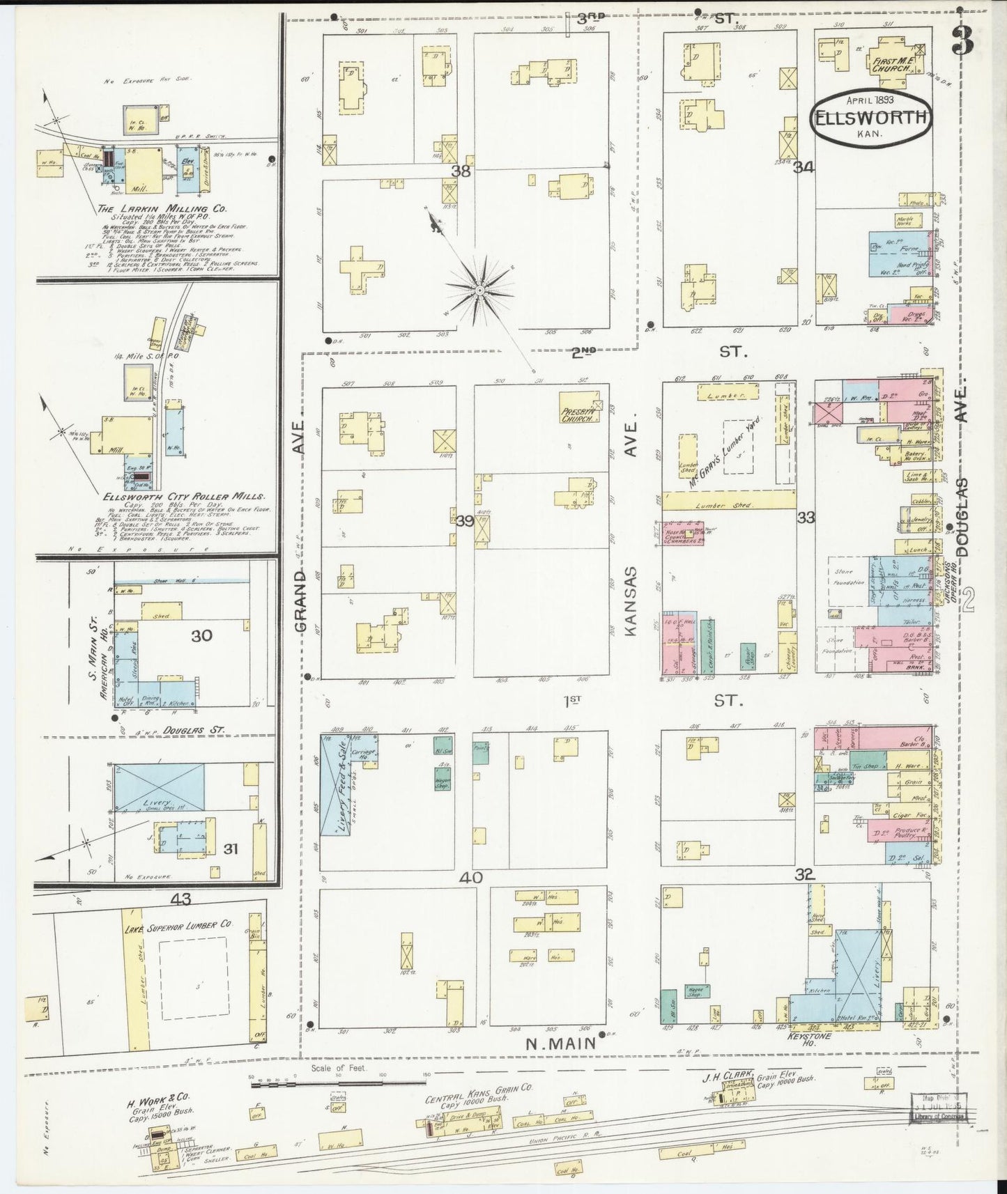 Sanborn Fire Insurance Map from Ellsworth, Ellsworth County, Kansas (1893), Sheet #0003 - Historic Sanborn Fire Insurance Map Print, vintage old map wall art, antique decor, genealogy gift, Kansas Kansas map