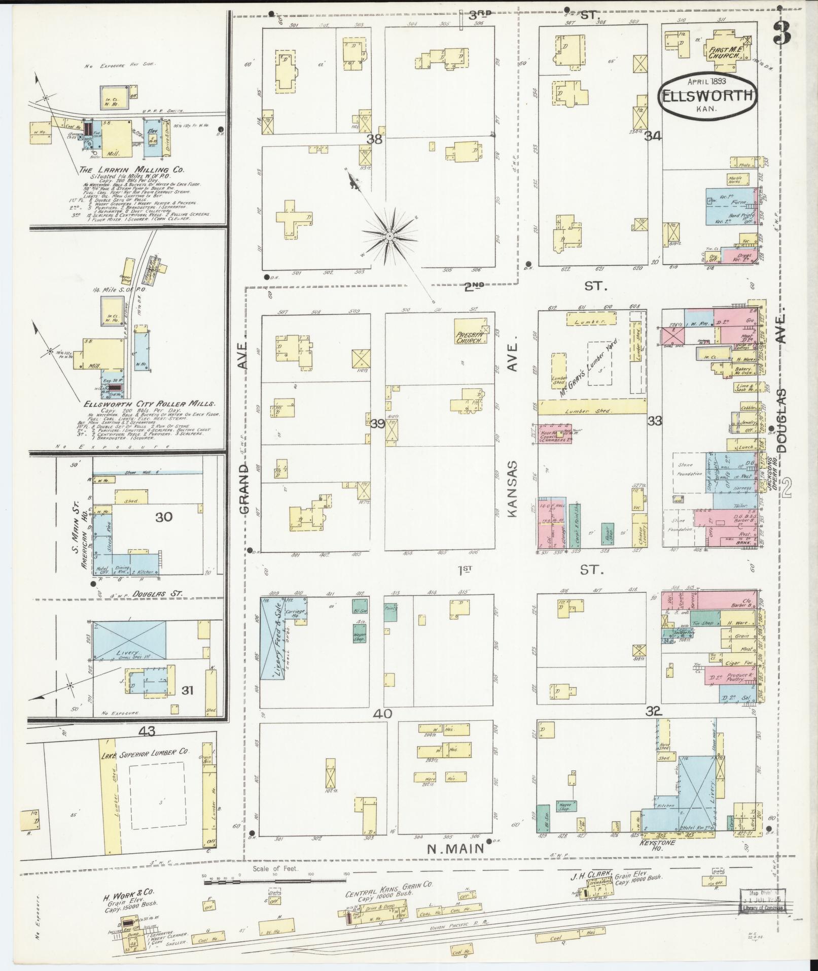 Sanborn Fire Insurance Map from Ellsworth, Ellsworth County, Kansas (1893), Sheet #0003 - Historic Sanborn Fire Insurance Map Print, vintage old map wall art, antique decor, genealogy gift, Kansas Kansas map