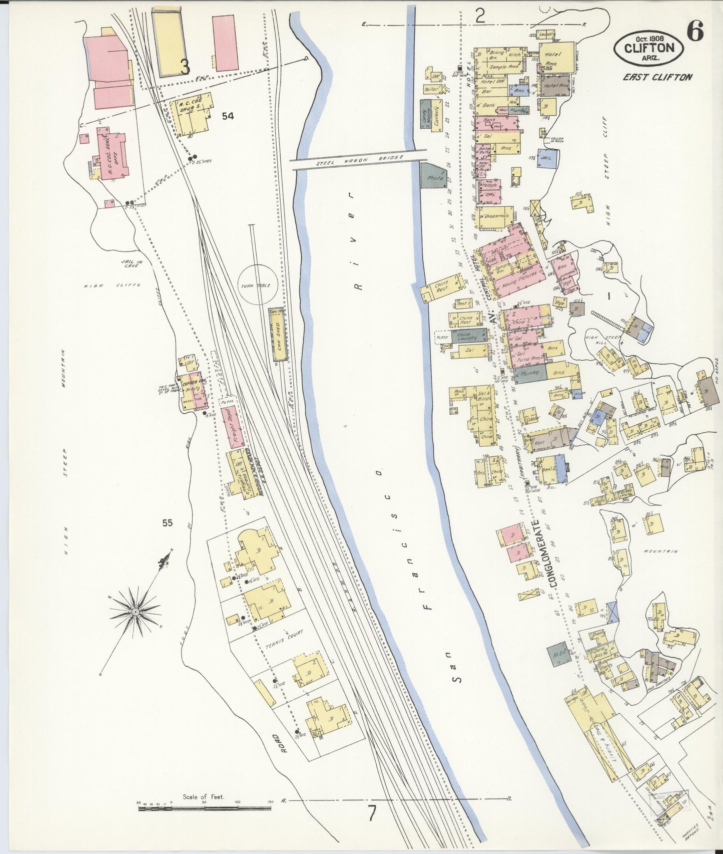 Sanborn Fire Insurance Map from Clifton, Greenlee County, Arizona (1908), Sheet #0006 - Complete Map Set gallery image, historic Sanborn map, vintage wall art, Arizona Arizona