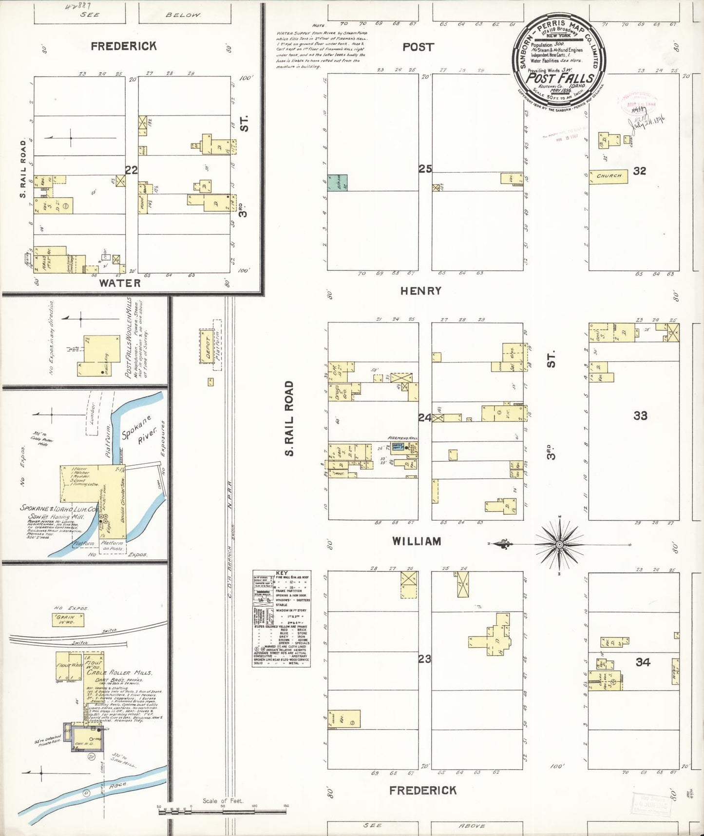 Sanborn Fire Insurance Map from Post Falls, Kootenai County, Idaho (1896), Sheet #0001 - Historic Sanborn Fire Insurance Map Print, vintage old map wall art, antique decor, genealogy gift, Idaho Idaho map