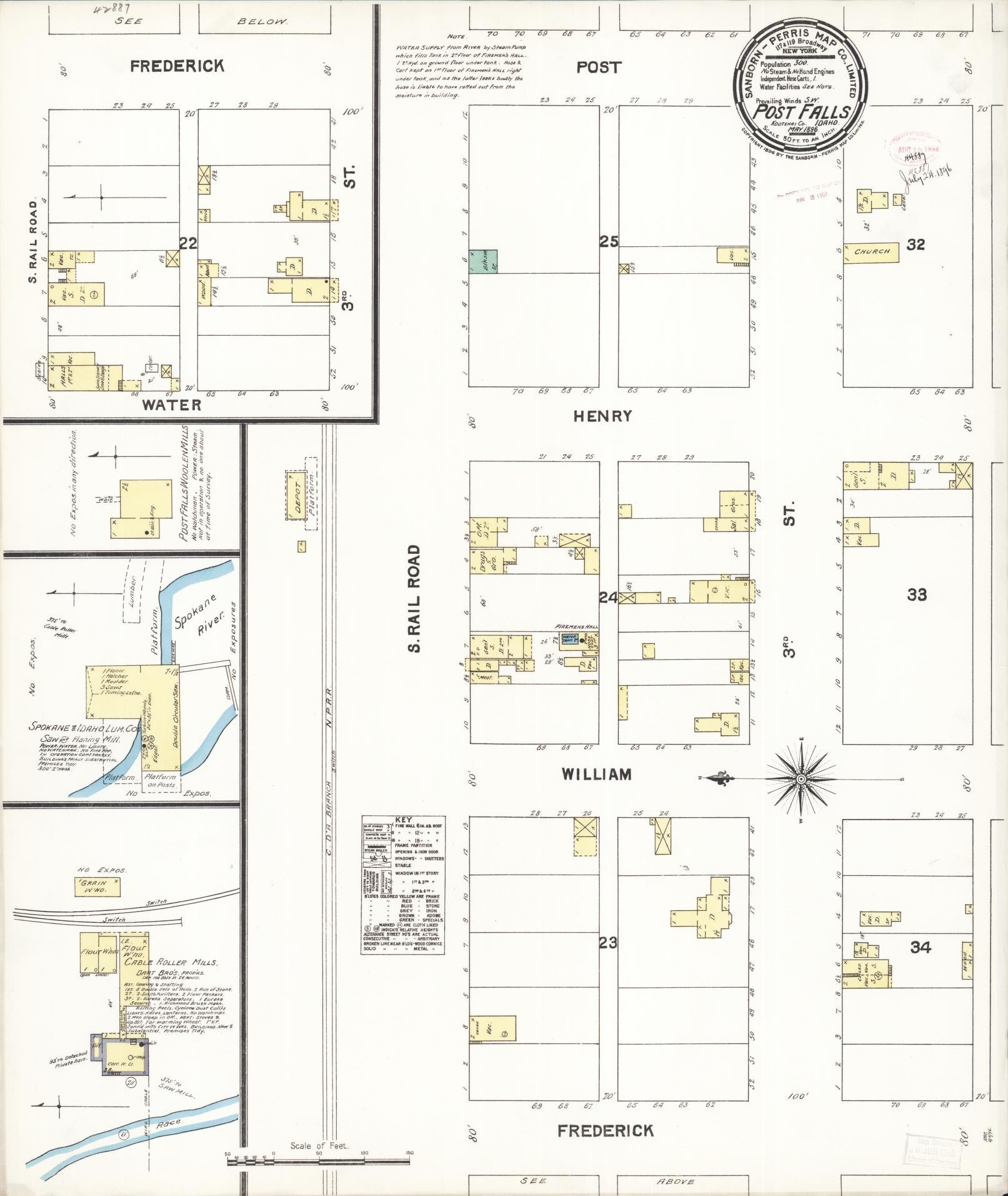 Sanborn Fire Insurance Map from Post Falls, Kootenai County, Idaho (1896), Sheet #0001 - Historic Sanborn Fire Insurance Map Print, vintage old map wall art, antique decor, genealogy gift, Idaho Idaho map