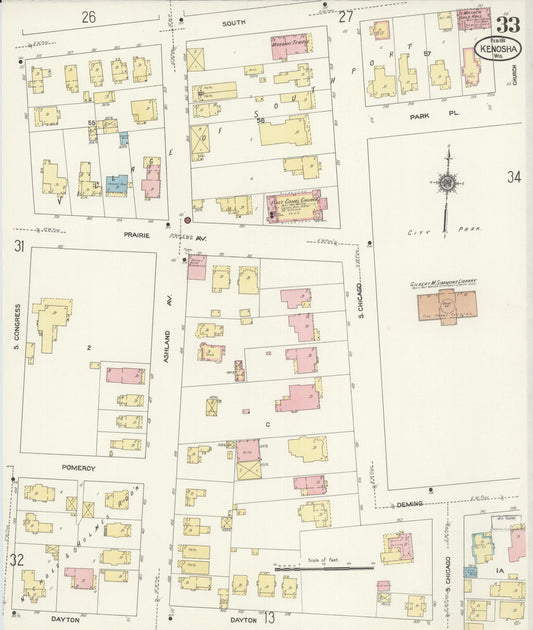 Sanborn Fire Insurance Map from Kenosha, Kenosha County, Wisconsin (1911), Sheet #0033 - Historic Sanborn Fire Insurance Map Print, vintage old map wall art, antique decor, genealogy gift, Wisconsin Wisconsin map