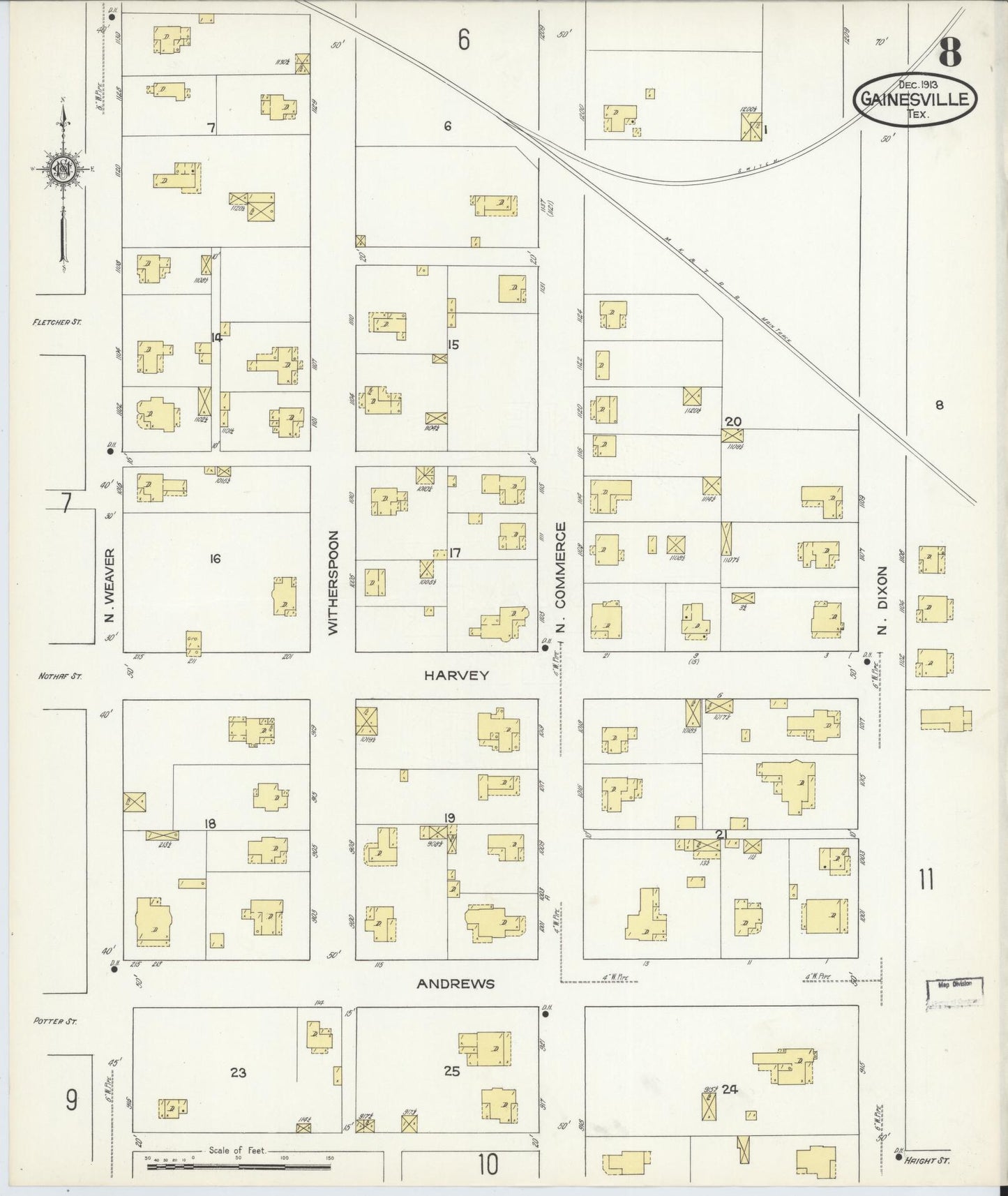 Sanborn Fire Insurance Map from Gainesville, Cooke County, Texas (1913), Sheet #0008 - Complete Map Set gallery image, historic Sanborn map, vintage wall art, Texas Texas