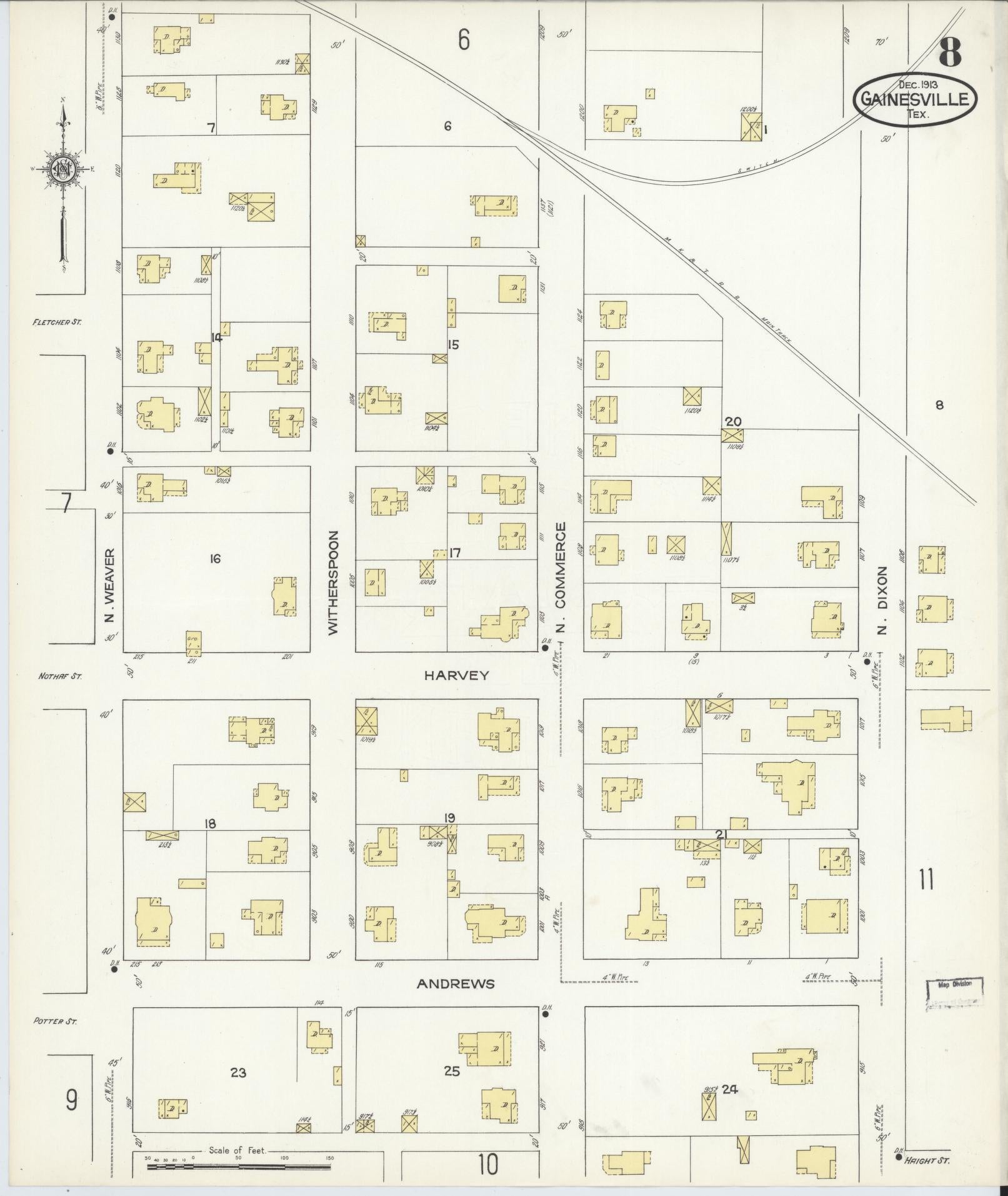 Sanborn Fire Insurance Map from Gainesville, Cooke County, Texas (1913), Sheet #0008 - Complete Map Set gallery image, historic Sanborn map, vintage wall art, Texas Texas