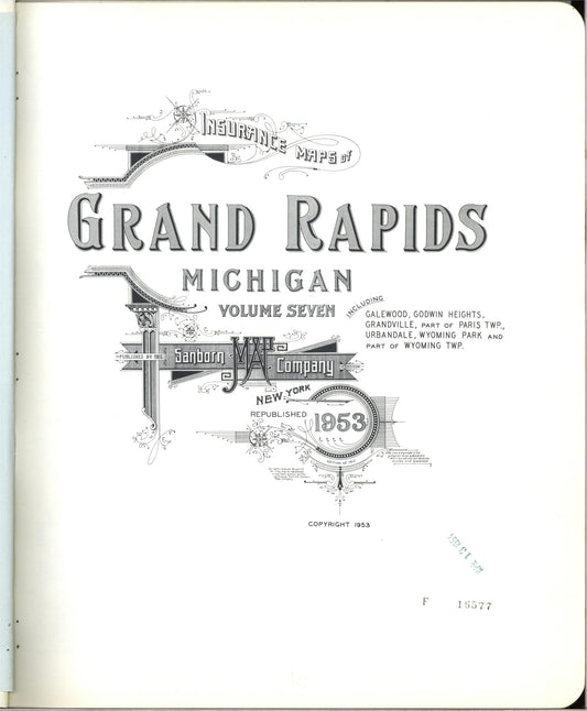 Sanborn Fire Insurance Map from Grand Rapids, Kent County, Michigan (1953), Sheet #0001 - Historic Sanborn Fire Insurance Map Print, vintage old map wall art, antique decor, genealogy gift, Wyoming Wyoming map