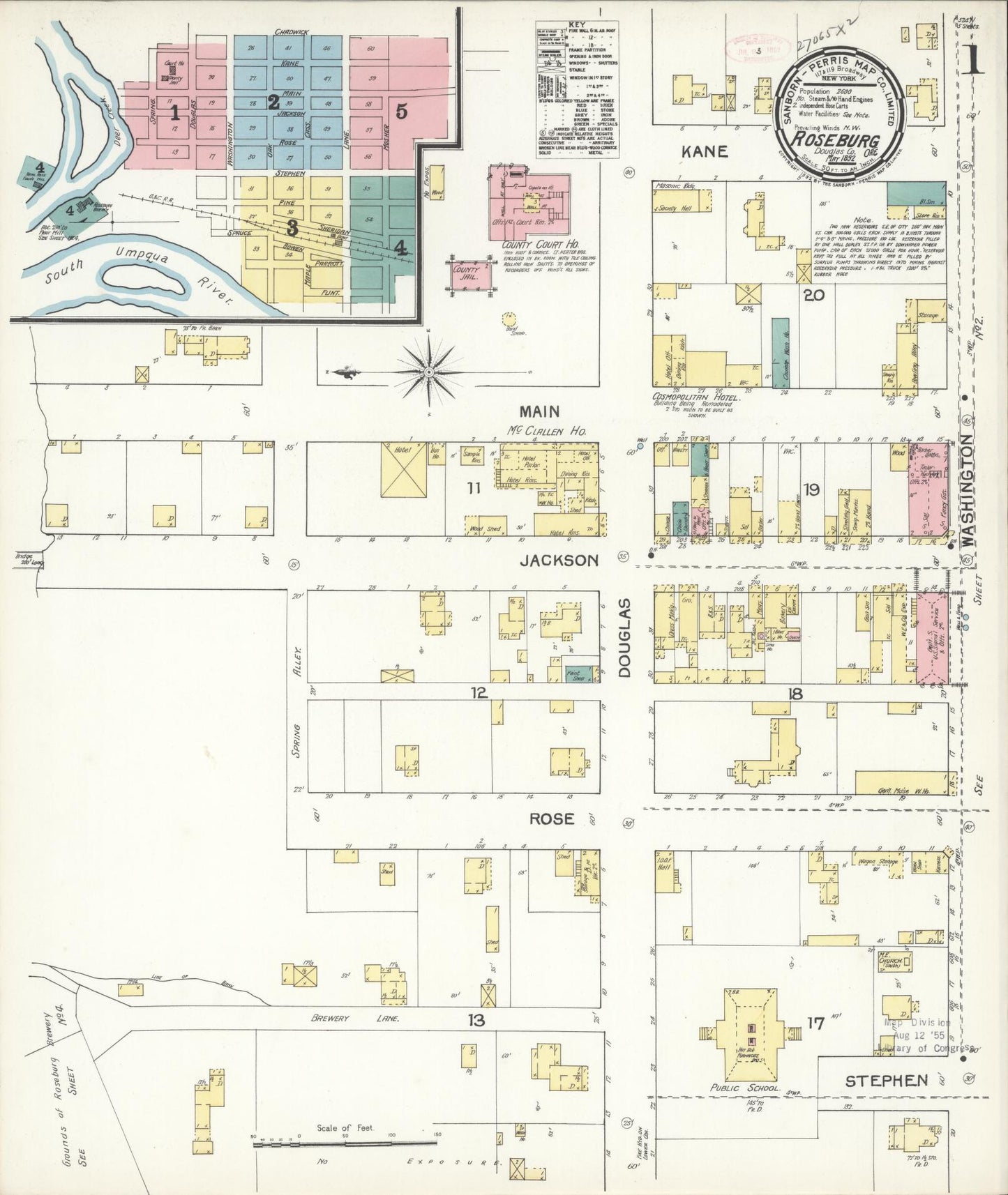 Sanborn Fire Insurance Map from Roseburg, Douglas County, Oregon (1892), Sheet #0001 - Historic Sanborn Fire Insurance Map Print, vintage old map wall art, antique decor, genealogy gift, Oregon Oregon map