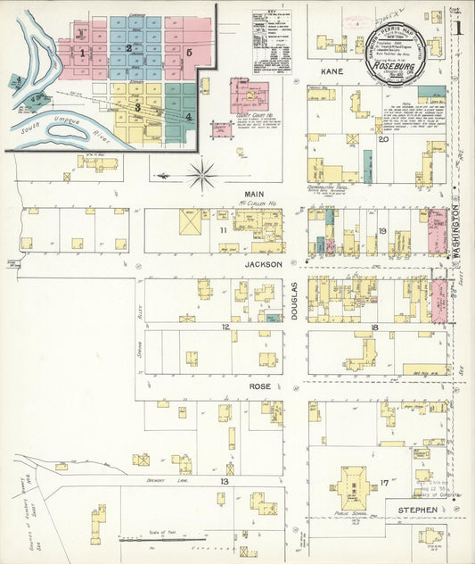 Sanborn Fire Insurance Map from Roseburg, Douglas County, Oregon (1892), Sheet #0001 - Historic Sanborn Fire Insurance Map Print, vintage old map wall art, antique decor, genealogy gift, Oregon Oregon map