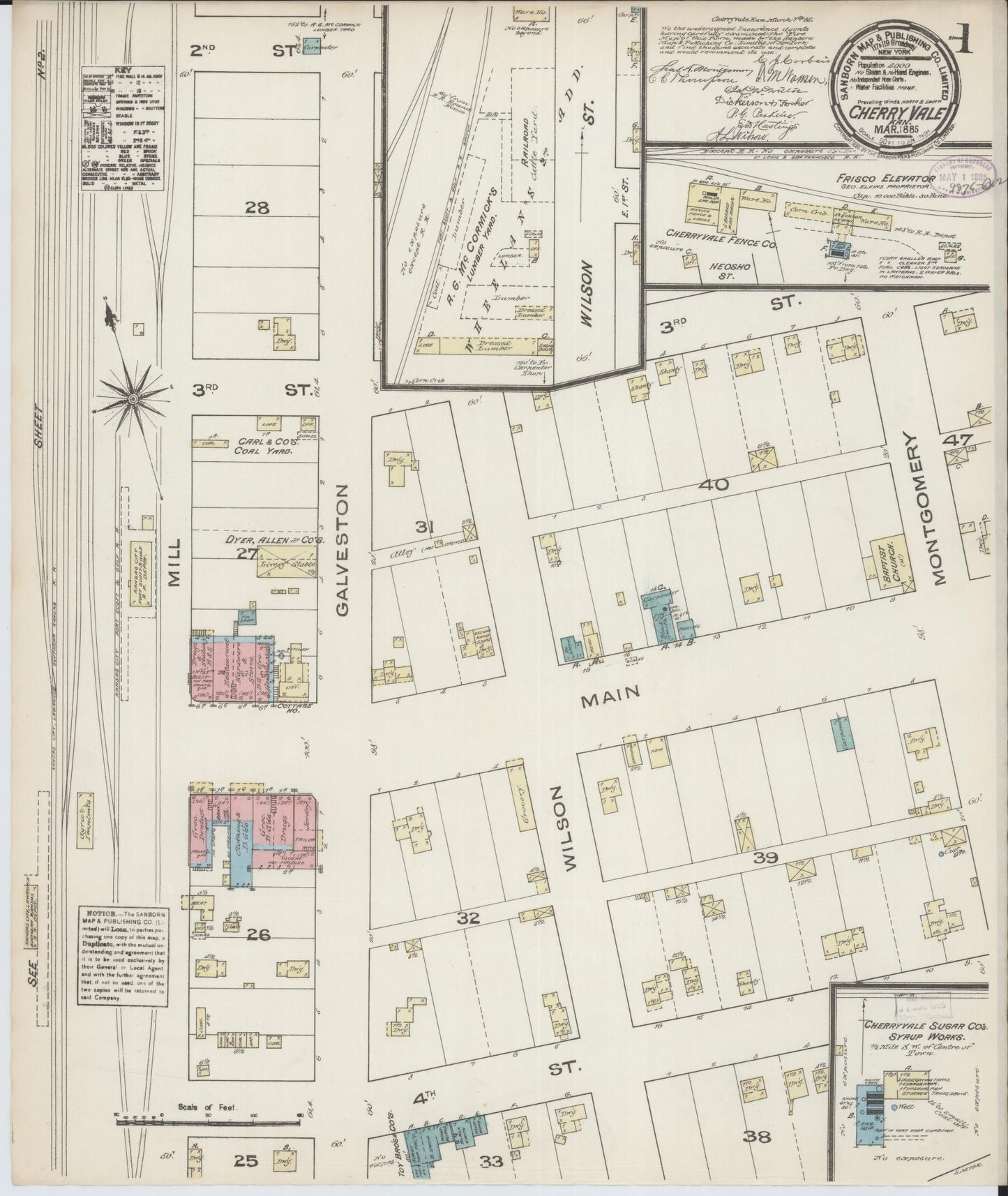 Sanborn Fire Insurance Map from Cherryvale, Montgomery County, Kansas (1885), Sheet #0001 - Complete Map Set gallery image, historic Sanborn map, vintage wall art, Kansas Kansas