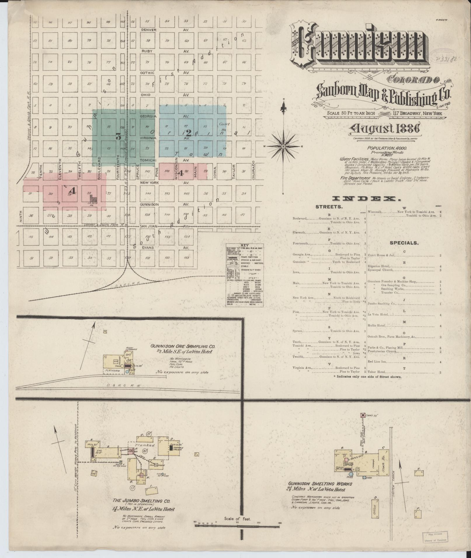 Sanborn Fire Insurance Map from Gunnison, Gunnison County, Colorado (1886), Sheet #0001 - Historic Sanborn Fire Insurance Map Print, vintage old map wall art, antique decor, genealogy gift, Colorado Colorado map