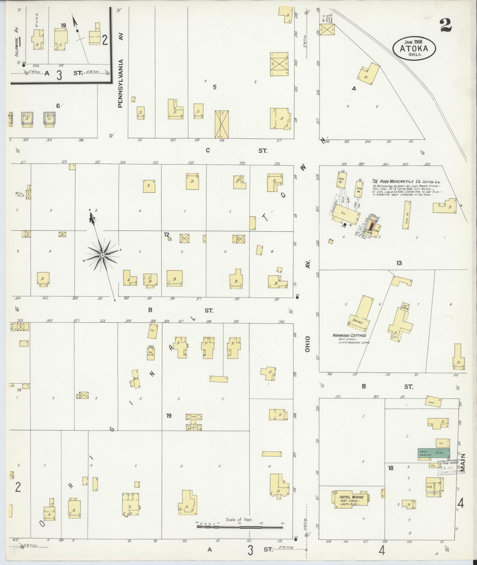 Sanborn Fire Insurance Map from Atoka, Atoka County, Oklahoma (1908), Sheet #0002 - Complete Map Set gallery image, historic Sanborn map, vintage wall art, Oklahoma Oklahoma
