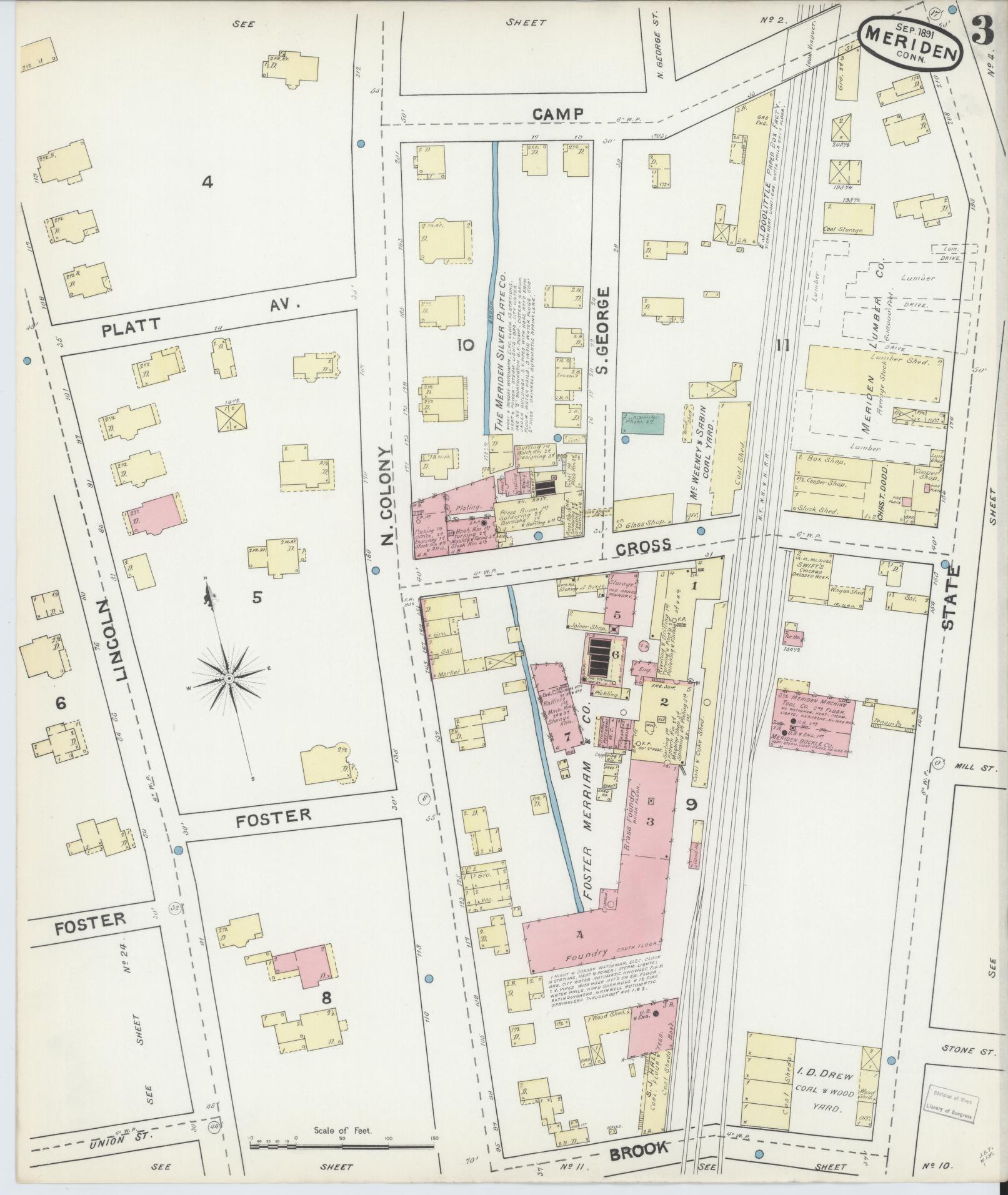 Sanborn Fire Insurance Map from Meriden, New Haven County, Connecticut (1891), Sheet #0003 - Complete Map Set gallery image, historic Sanborn map, vintage wall art, Connecticut Connecticut